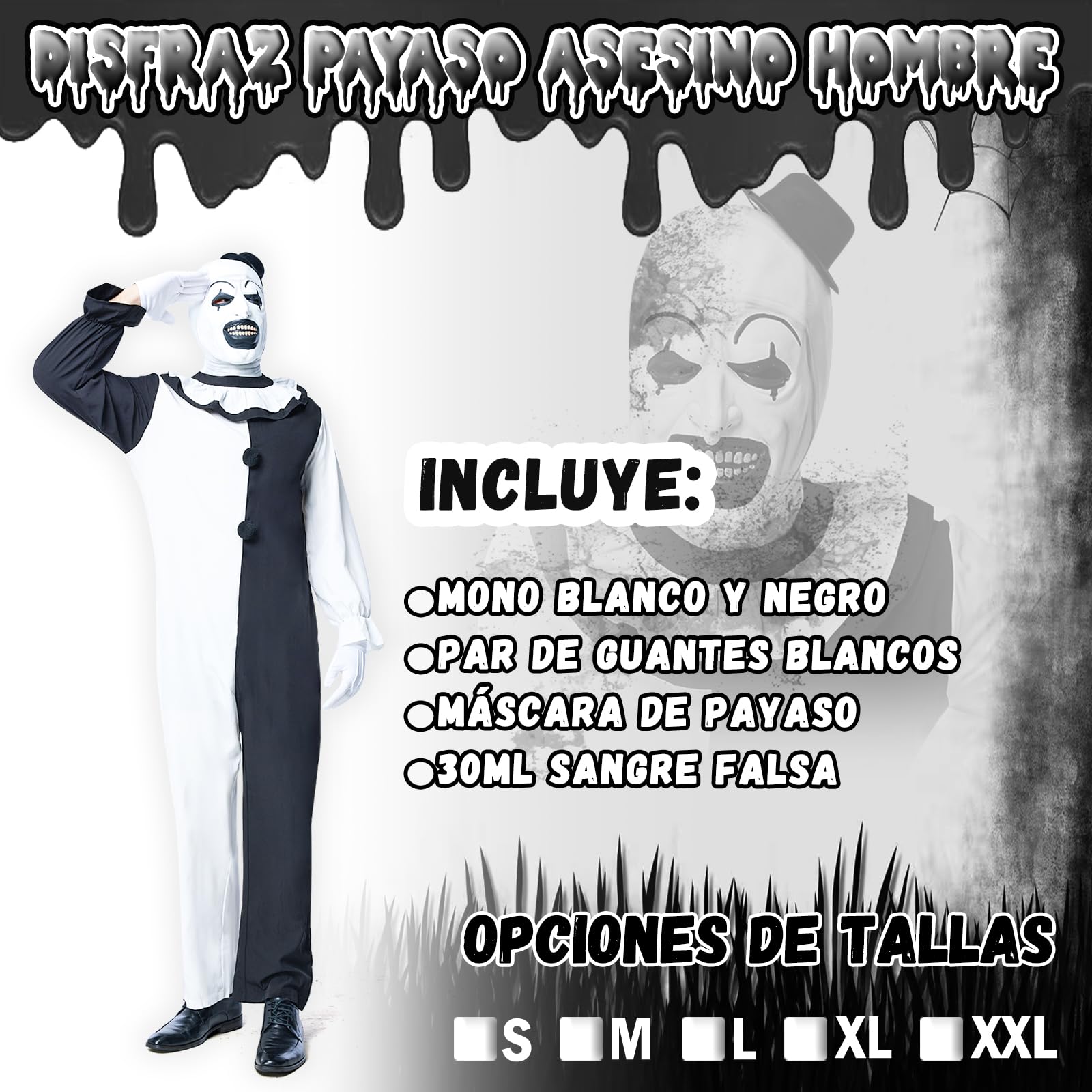 IEEILULU Disfraz Payaso Asesino Hombre, Disfraz Payaso Terror Hombre Conjunto de Disfraz Payaso Terrifier con Mono Negro Blanco y Máscara de Sombrero de Payaso Terrifier para Halloween Carnaval