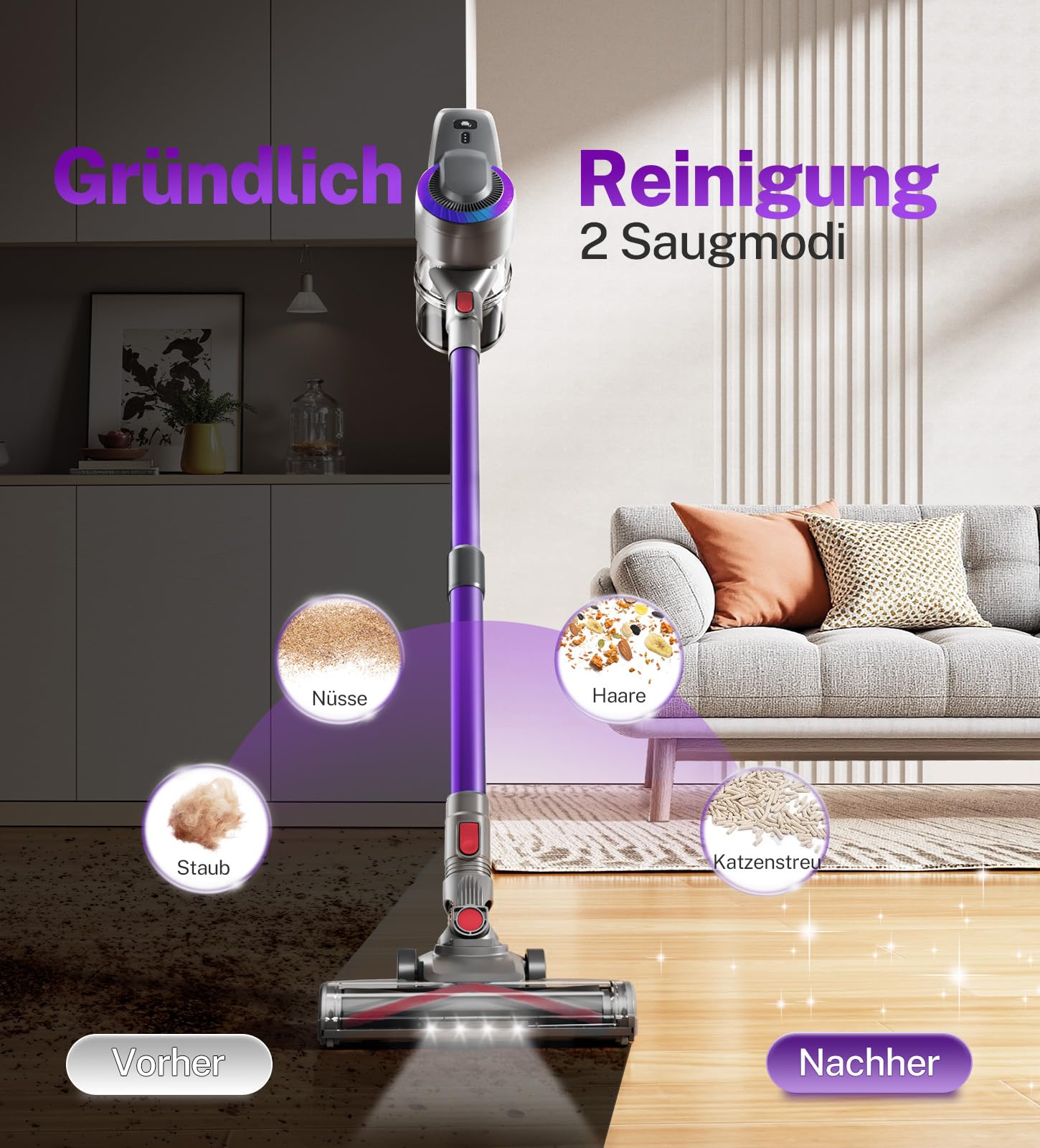 Akku Staubsauger, 30000Pa/55Min Staubsauger Kabellos, Anti-Tangle-Bürste und Selbststehend, Ultraleichter Handstaubsauger akku vacuum cleaner Stielstaubsauger für Teppichen, Hartboden, Tierhaare