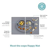 Vista 2 de ezpz Happy Mat (gris) – 24 meses + – Mantel individual de succión 100% silicona + plato dividido con tres compartimentos – Niños pequeños +