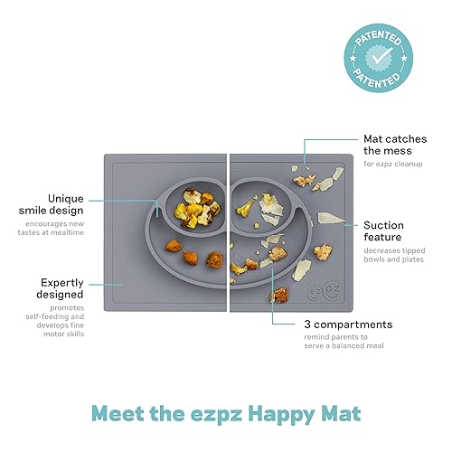 Miniatura 2 de ezpz Happy Mat (gris) – 24 meses + – Mantel individual de succión 100% silicona + plato dividido con tres compartimentos – Niños pequeños +