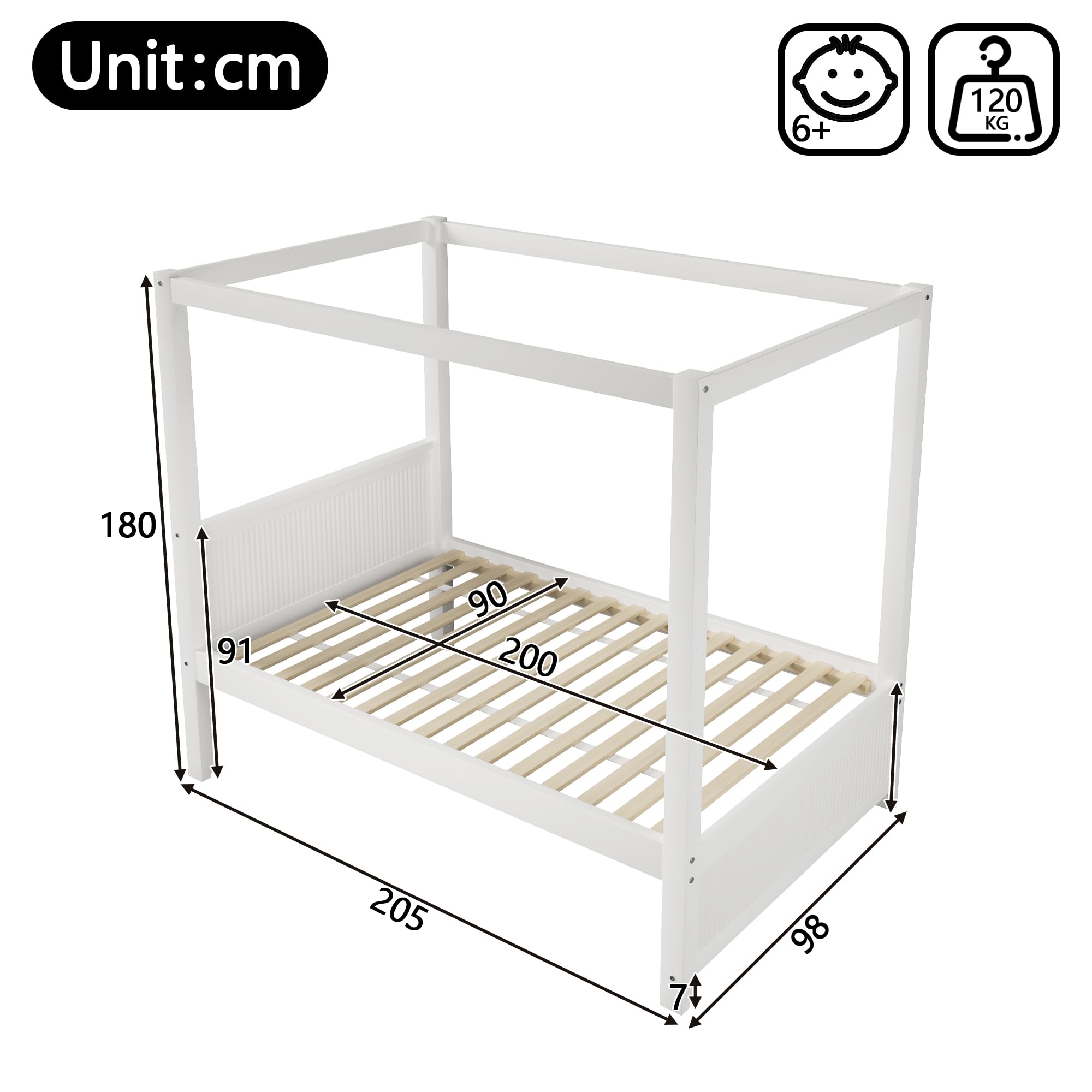 MURUL Himmelbett 90x200 cm Weiß, Massivholz Bett mit Dachrahmen & vertikalen Lamellen, Skandinavisches Design