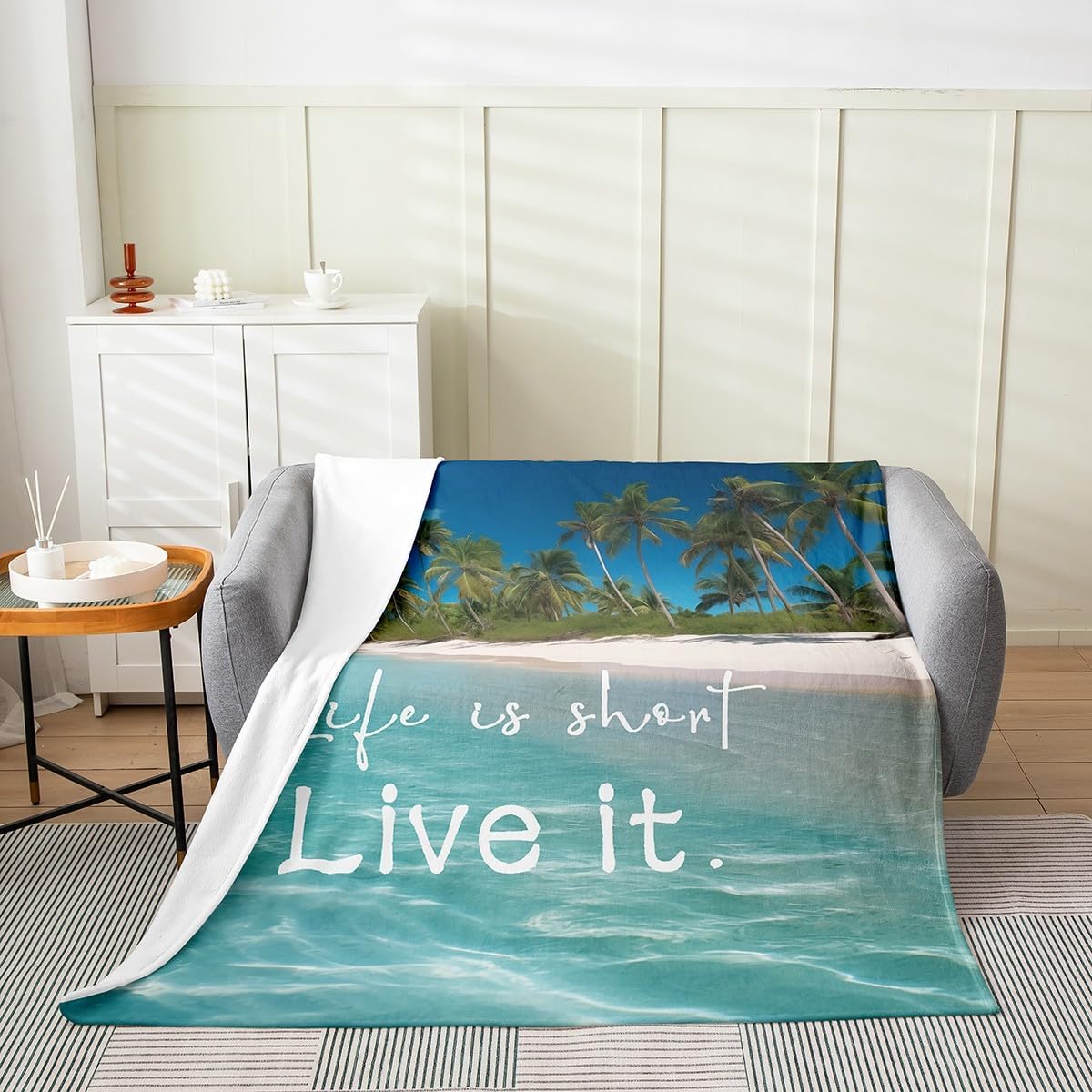 Ocean Blanket Twin Size, Summer Ocean Beach Throw Blanket for Sofa Bed Couch Living Room, Hawaiian Tropical Fleece Blanket, Vacation Style Sherpa Blanket, Nature Theme Soft Warm Plush Bed Blanket