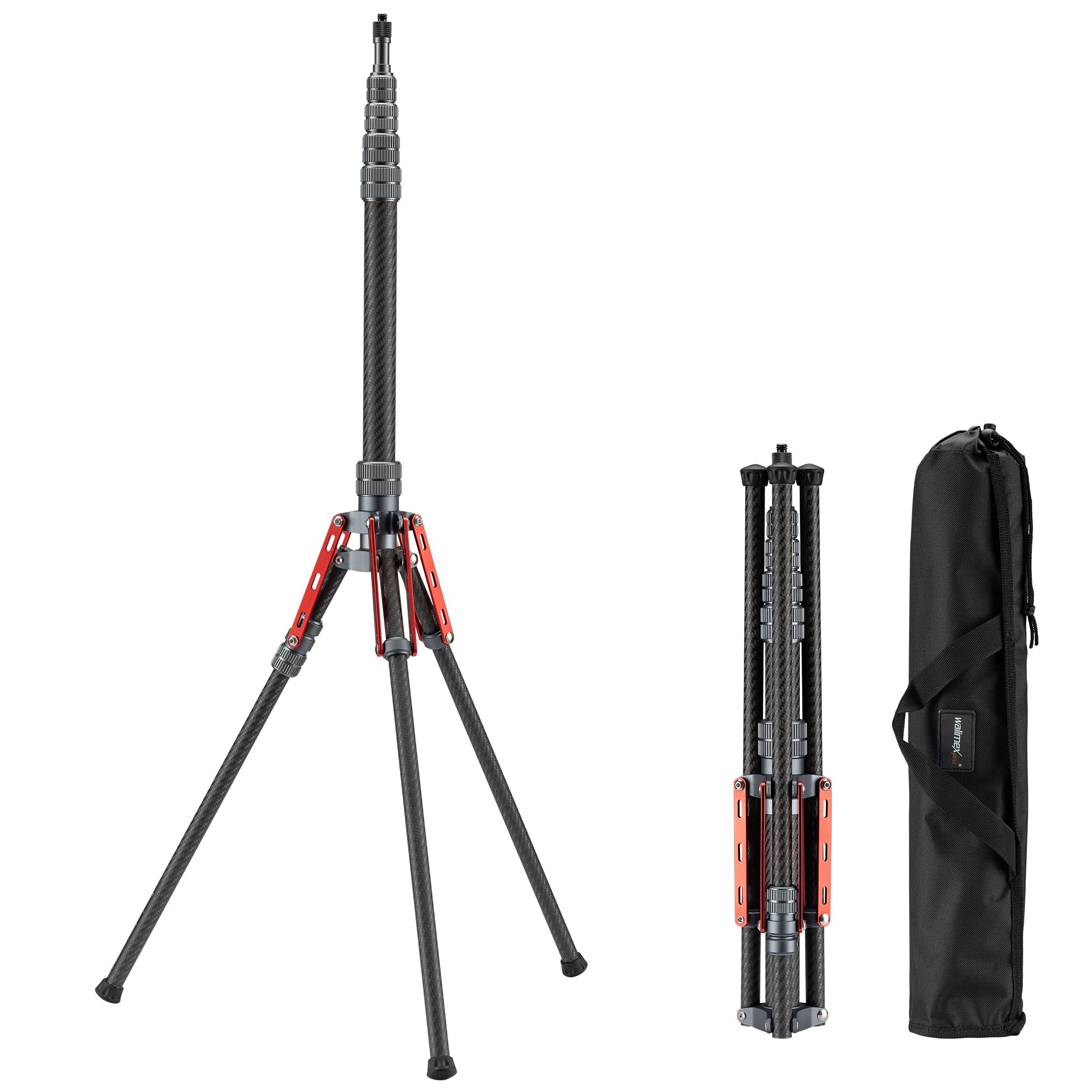 walimex pro Stativo per luci C-200 in carbonio altezza 2 m, cavalletto leggero da 600 g, treppiedi per flash con spigot da 5/8 di pollice per luci LED da studio, studi fotografici e riprese video