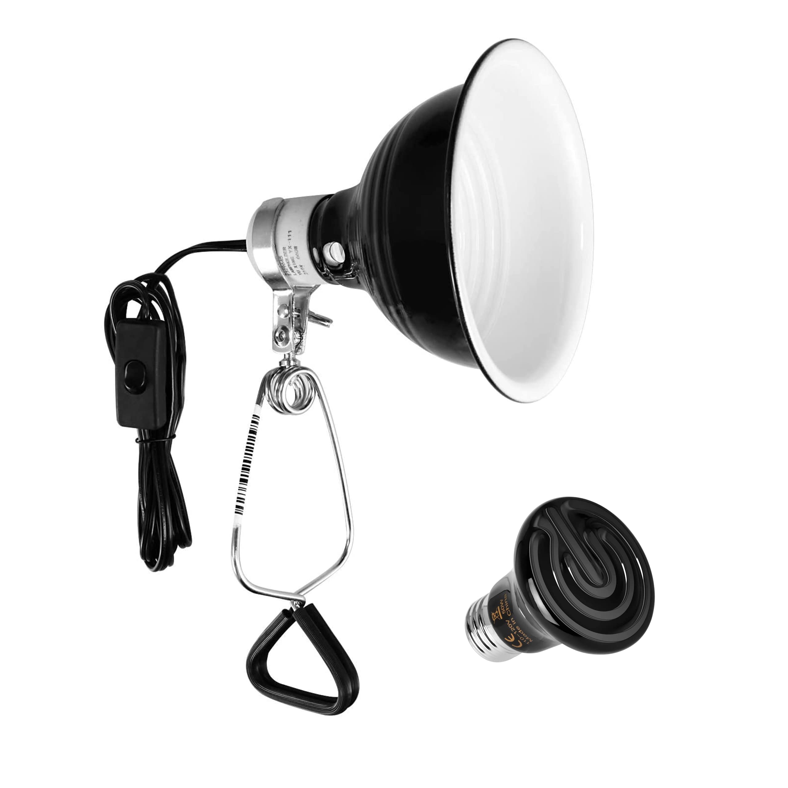 Simple Deluxe 50W Reptile Ceramic Heat Bulb No Light and 60W Dome Light Clamp lamp Fixture with 5.5 Inch Aluminum Reflector for Amphibian Pet Terrariums Habitat, Snake/Lizard, Black