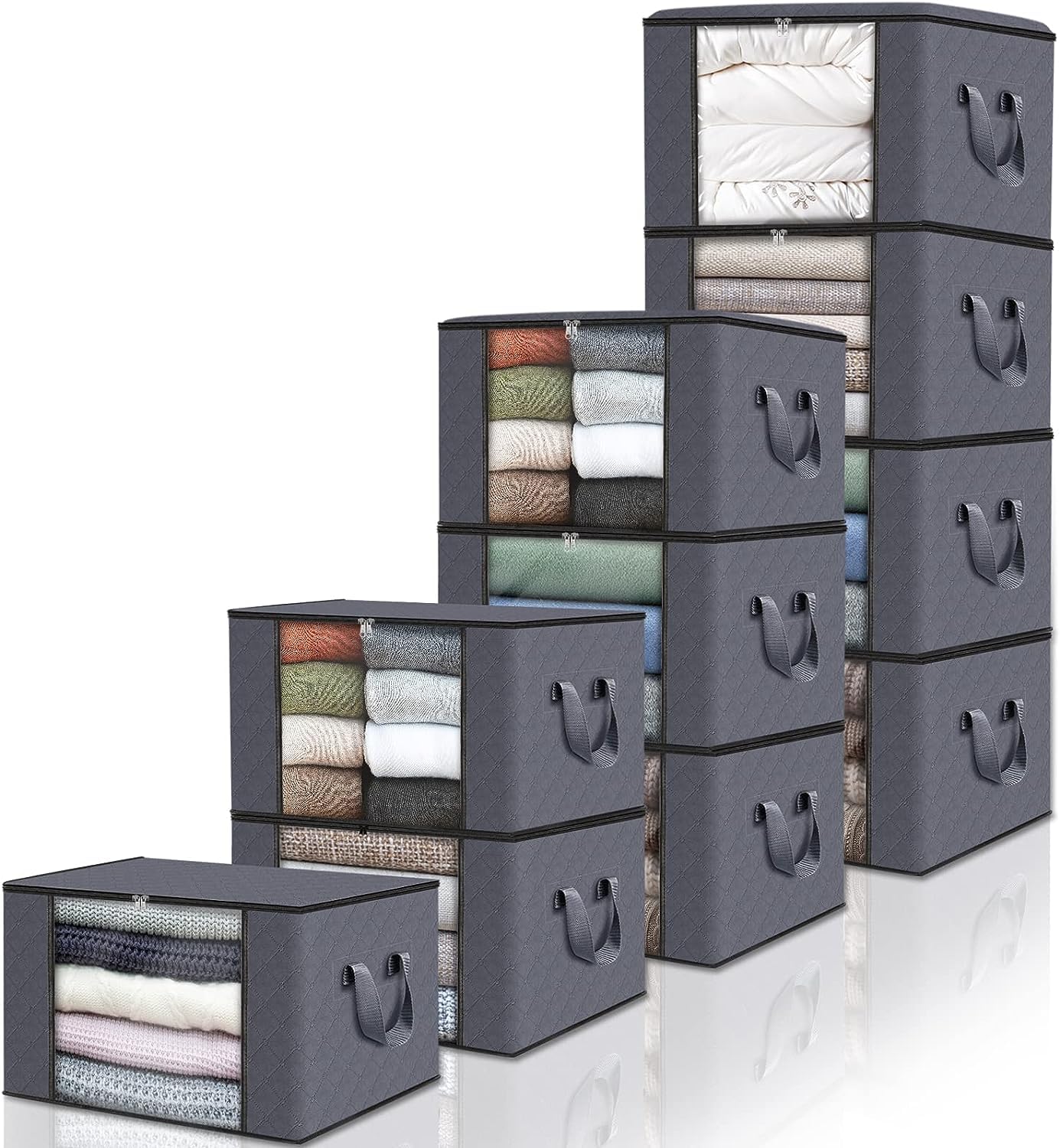 edihome, Clothes Storage Bag, (10 pieces), Wardrobe Organiser, with Reinforced Handles, Heavy Duty Cloth Pouches with Transparent Window (Dark gray, Pack of 10)