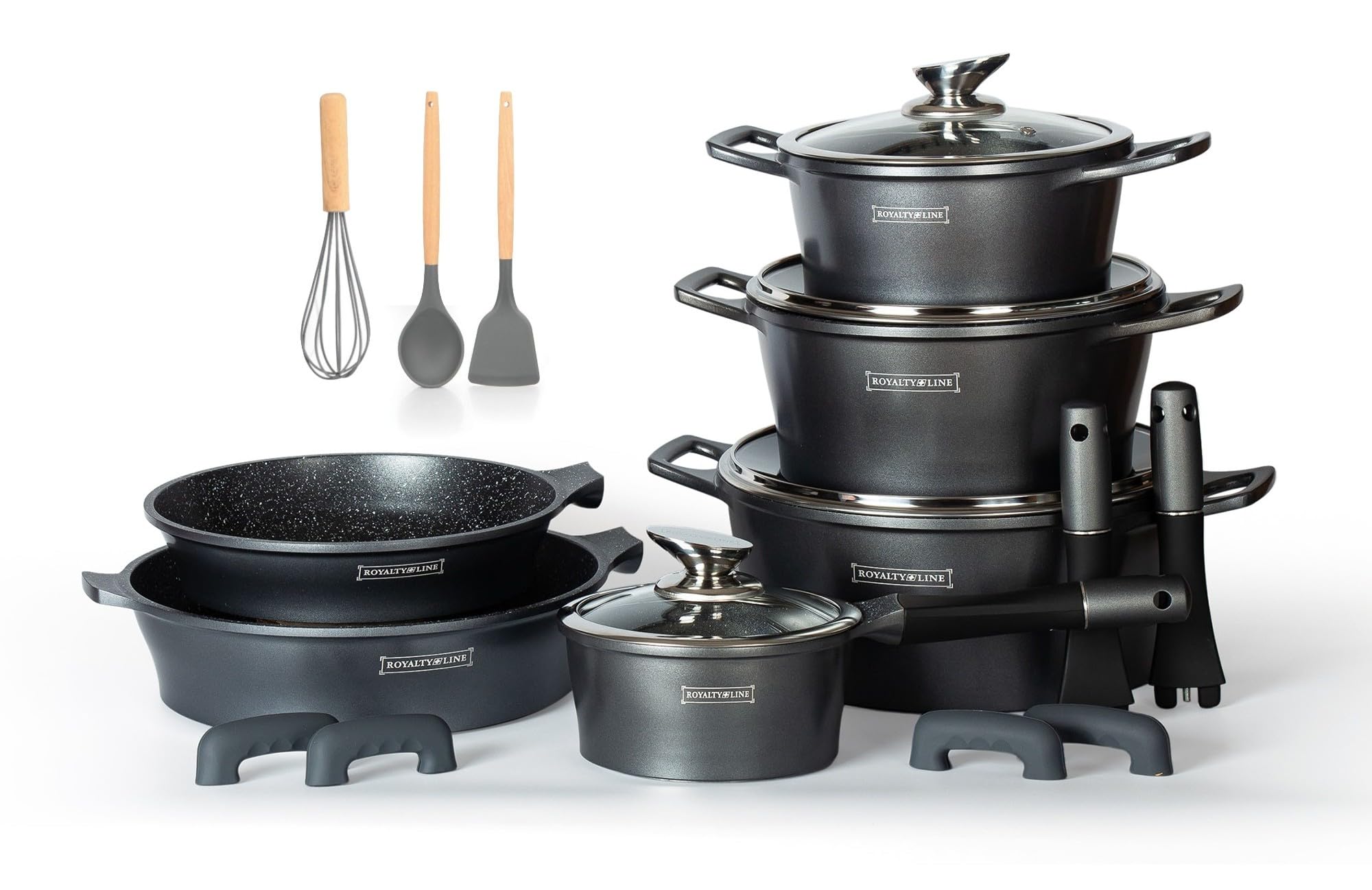 ROYALTY LINE Set 17 Pièces Batterie De Cuisine Bleu Marbré - Aluminium Moulé, Anti-Adhésif, Poignées Silicone Amovibles, Tous Feux Y Compris Induction