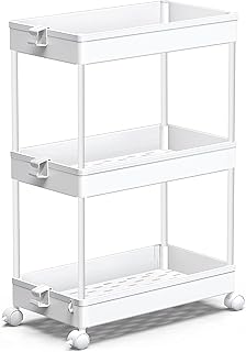 SPACEKEEPER Storage Rolling Cart, 3 Tier Laundry Room Organization Utility Cart Bathroom Organizer Mobile Shelving Unit Shelves Multi-Functional Trolley, White