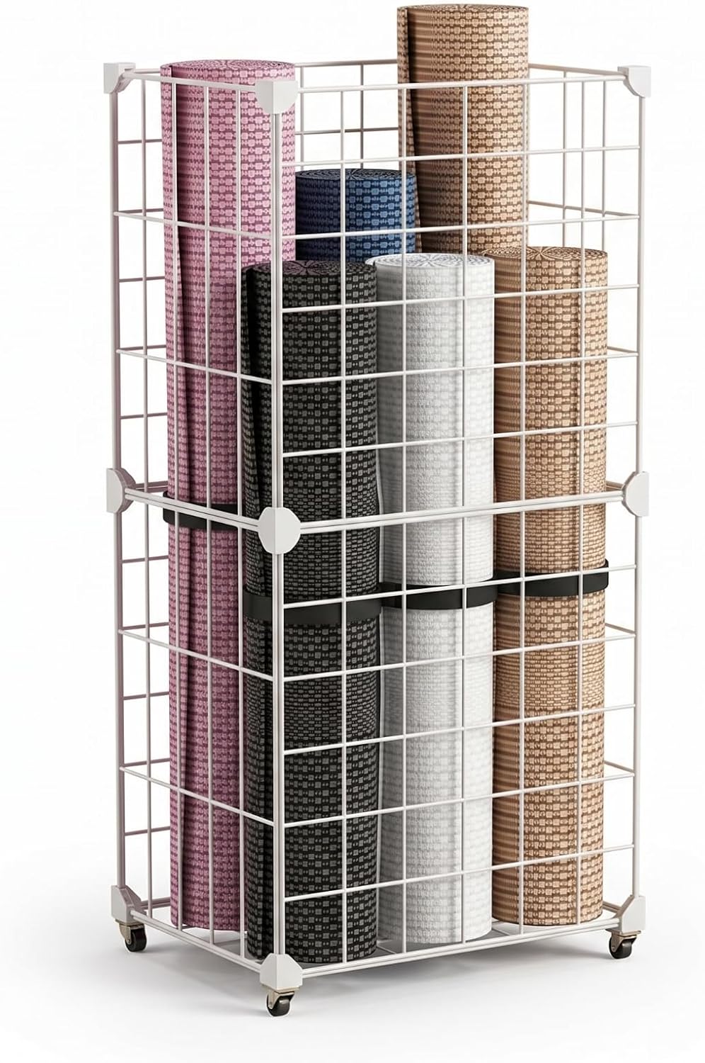 Rolling Cart with Wire Baskets Space-Saving Exercise Mat Storage Cart Floor-Standing Home Gym Organizer for Yogis, Black, Medium Size, 1 Column, 2 Layers, 32x32x62cm