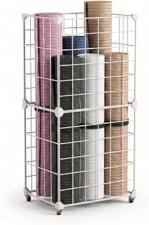 Iron Storage Basket Exercise Mat Organizer Rack Holder Cradle With Sturdy Iron Chassis And Optional Wheels Compact Wire, White, Medium Size, 1 Column, 2 Layers, 32x32x62cm