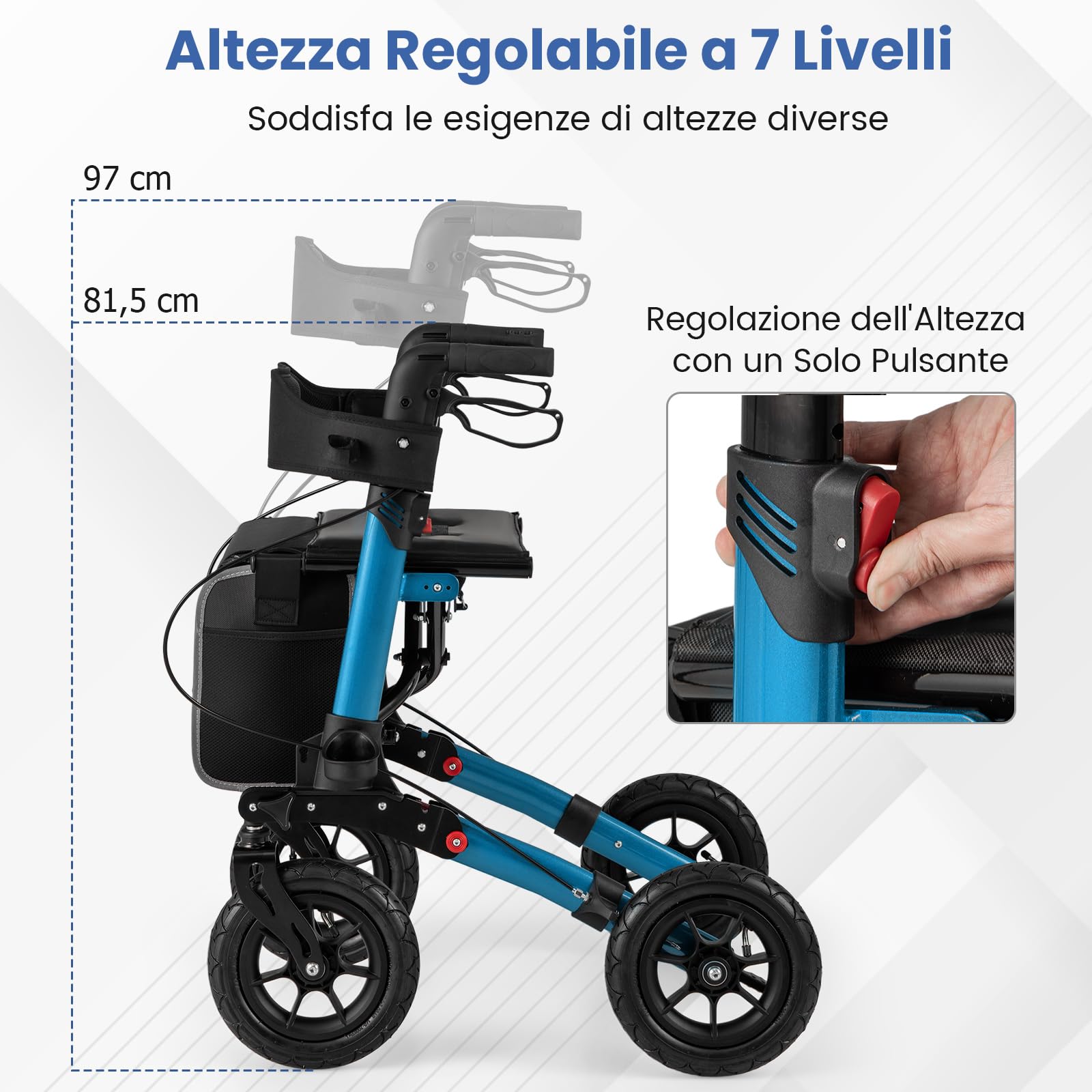 COSTWAY Deambulatore Pieghevole per Anziani in Alluminio, Rollator Regolabile in Altezza con Seduta, Schienale e Freni, Girello per Anziani con Borsetta, Carico Massimo 140 kg (Blu)