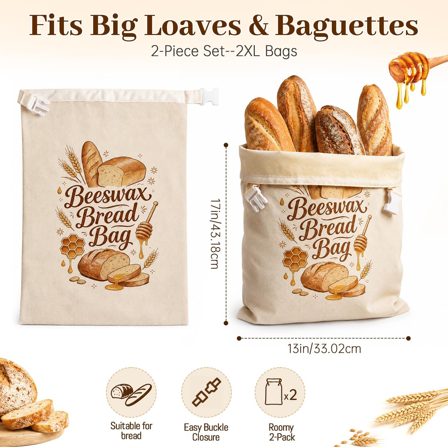 2 Pack Beeswax Bread Bags for Sourdough Homemade Bread, XL Reusable Natural Linen Cotton Waxed Bread Storage Bag, Keep Fresh, Freezer Safe, Eco Friendly, Upgraded Large Capacity, 17 x 13 Inches