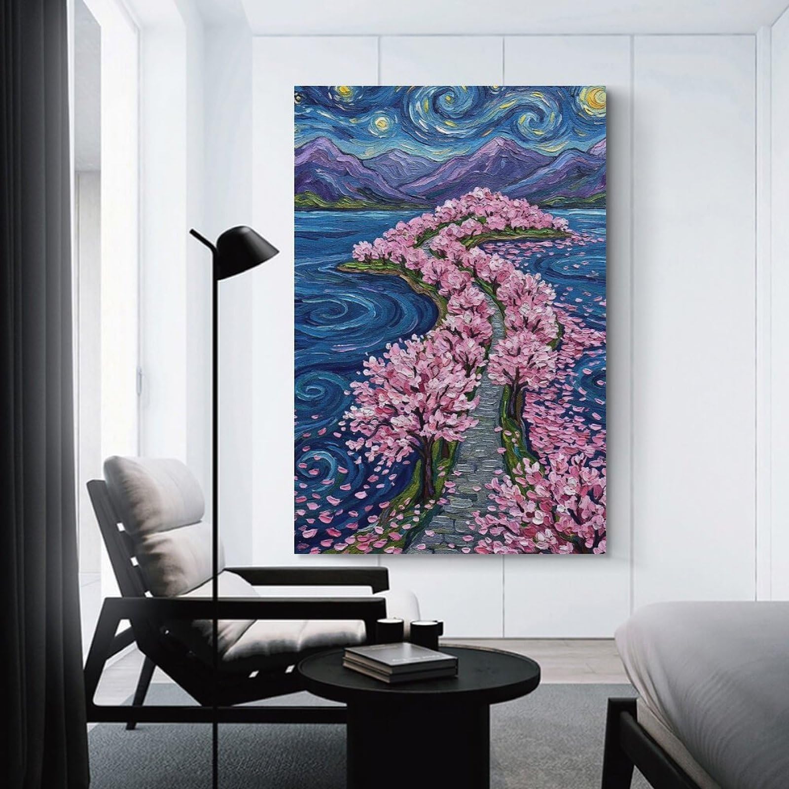 Junmoney Cherry Blossom Path Under Starry Night Hanging Wall Art 24x36inch(60x90cm), for Front Hall, Corridor Or Welcome Spaces, Wall Decor to Refresh Empty Corners