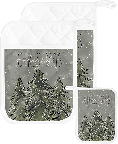 Snowy Christmas Tree,2Pcs Pot Holders for Kitchen,Non Slip & Heat Insulation Terry Cloth Potholder Set with Pocket,Thick Hot Pad Oven Mitts Coaster