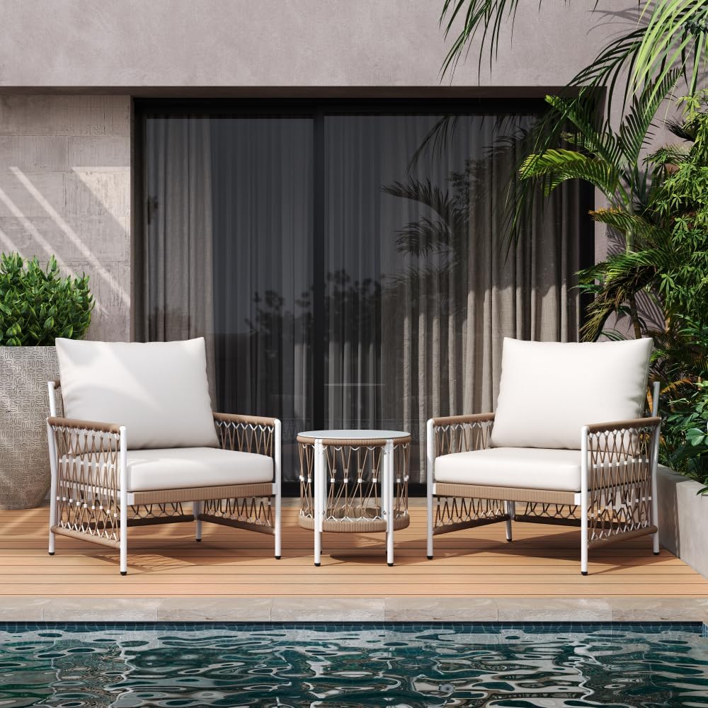 3-Piece Bohemian Outdoor Furniture Set with 2 Lounge Chairs & Glass Top Side Table - Handwoven Rope & Powder-Coated Steel Frame - Waterproof Cushions Patio Conversation Set for Garden, Poolside