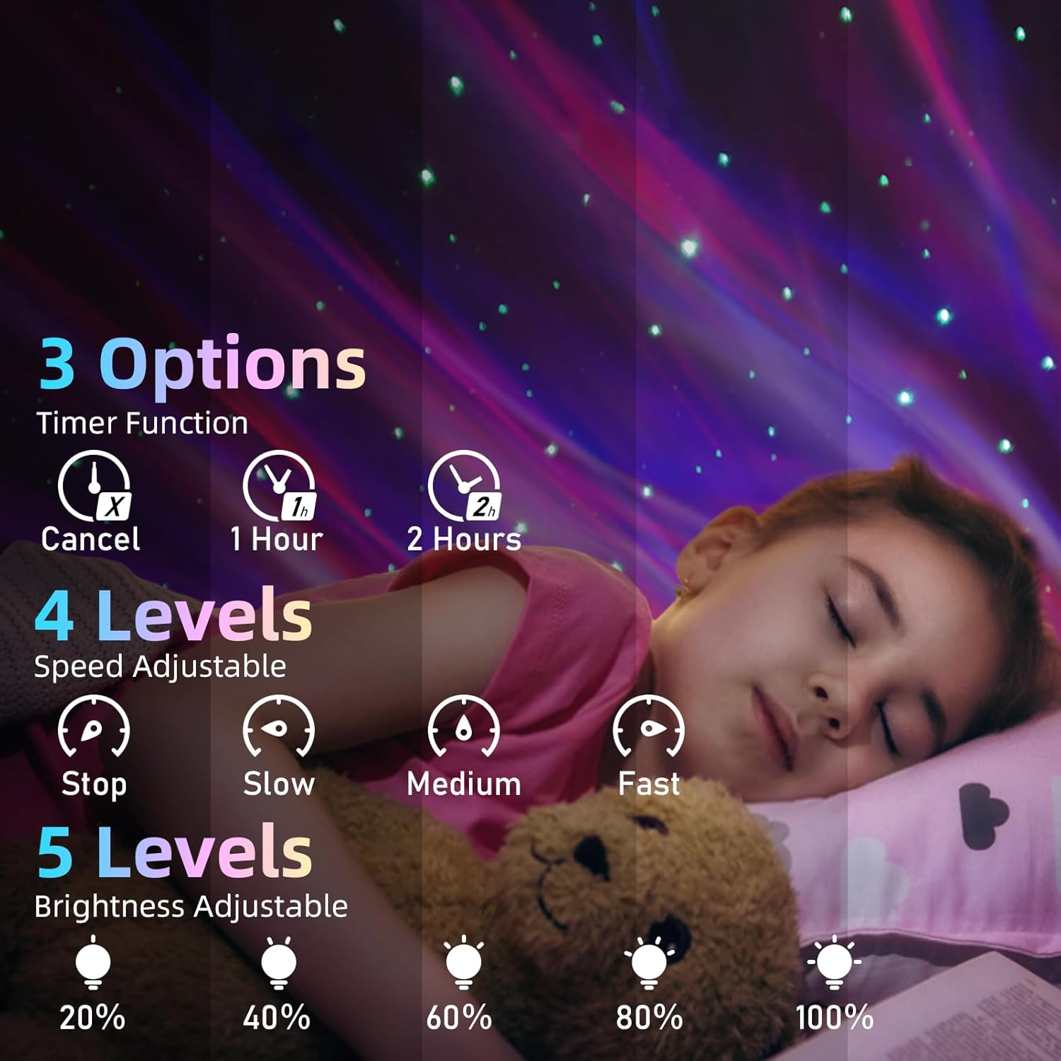 Diagram showing timer options (Cancel, 1 Hour, 2 Hours), speed levels (Stop, Slow, Medium, Fast), and brightness levels (20% to 100%).