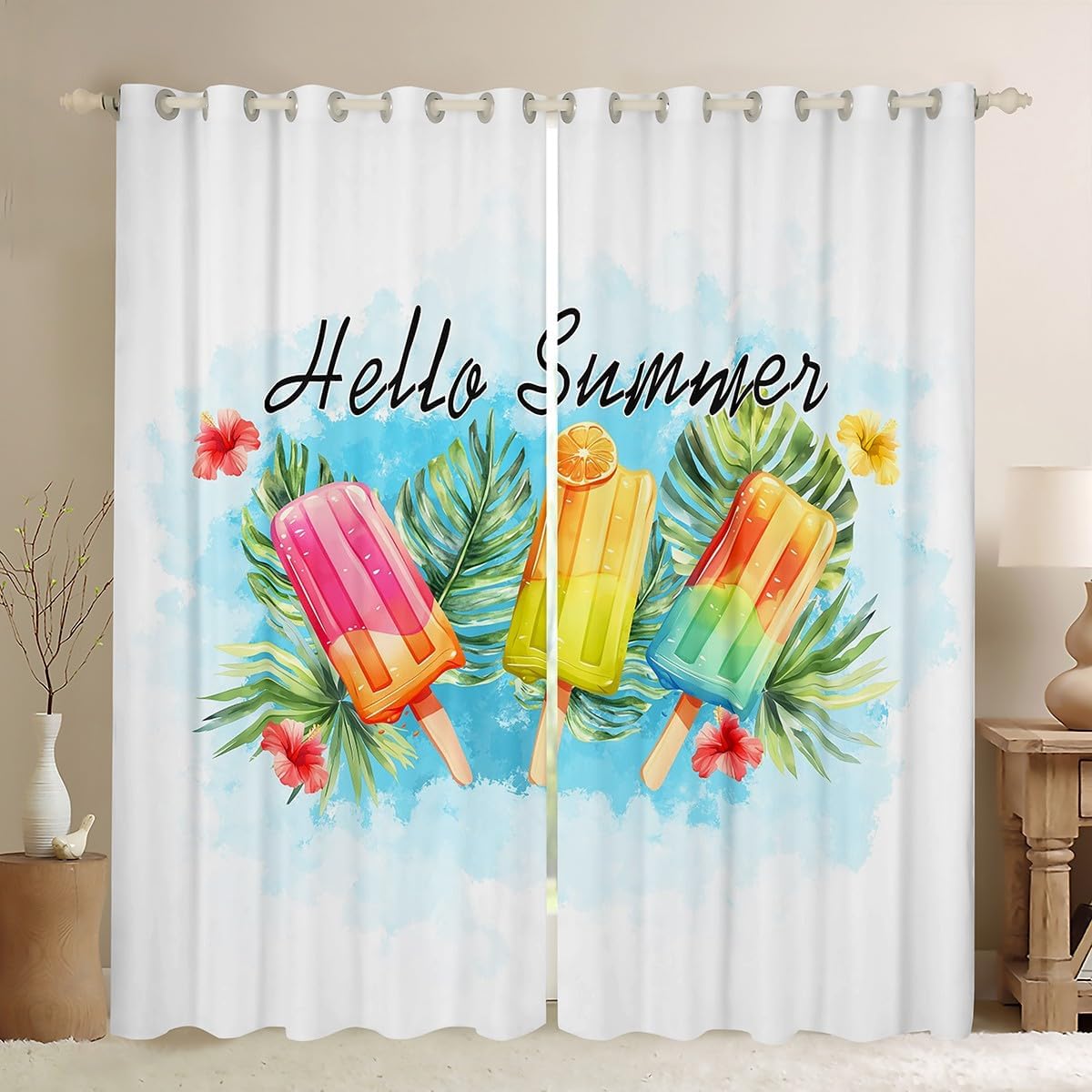 Erosebridal 38"x45" Tropical Curtain,Summer Hawaiian 100% Blackout Window Curtain Kids Boys Girls,Flip Flops Palm Tree Leaves Floral Window Treatments,Abstract Watercolor Sea Wave Curtains Drapes