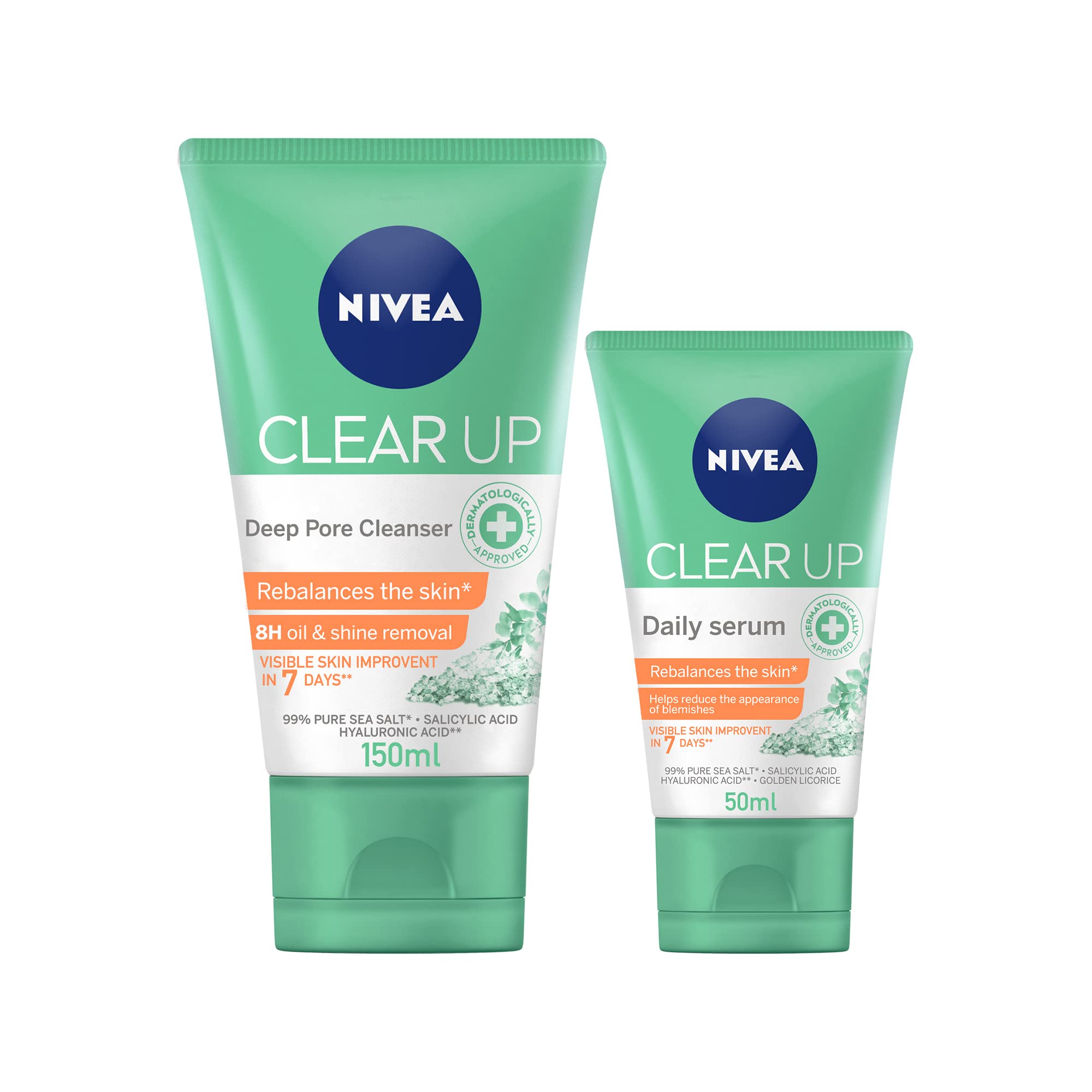 NIVEA Clear Up Reduces Blemishes Anti-Acne bundle: Face Wash Deep Pore Cleanser, Salicylic & Hyaluronic Acid, 150ml + Face Serum, Salicylic & Hyaluronic Acid, 50ml