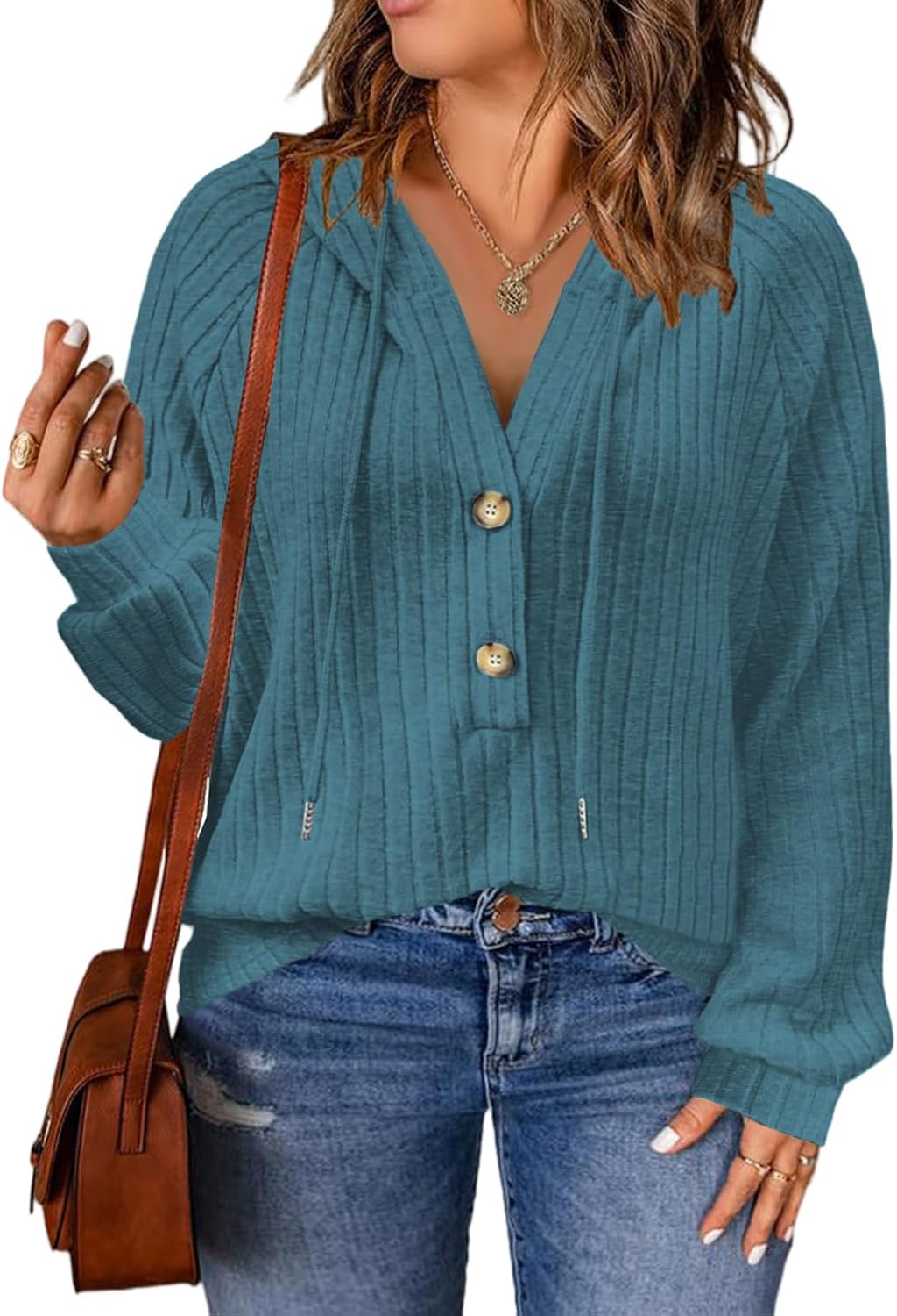 VISLILY Womens-Plus-Size-Hoodies Button V Neck Lightweight Knit Sweaters Casual Long Sleeve Tops Drawstring Hooded Sweatshirt - Image 2