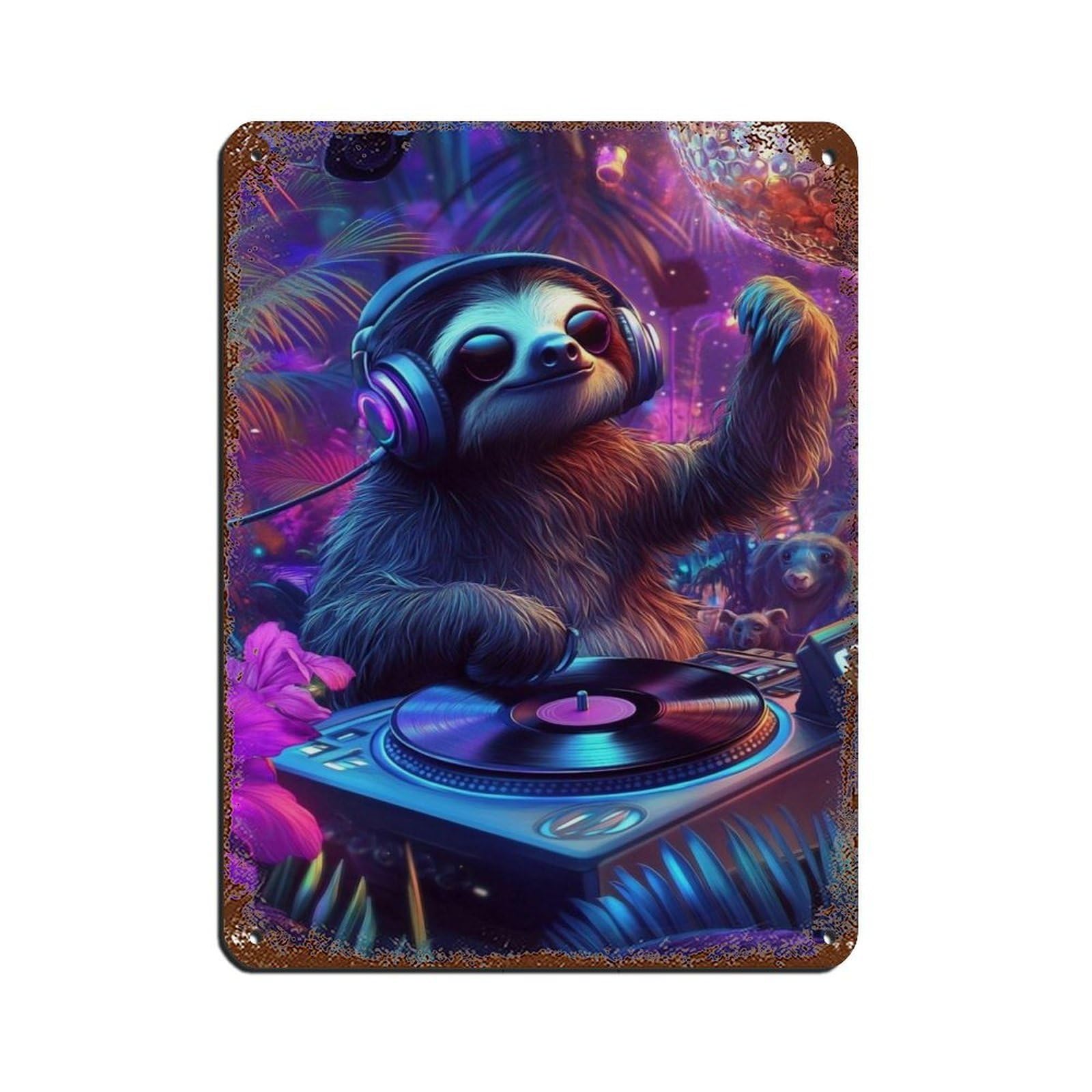 Lxwnze 30L X 40W Cm Dj Sloth, Cute Sloth Dj Poster Tin Sign Vintage Metal Pub Club Cafe Bar Home Wall Art Decoration Poster Retro 12X16inch(30X40cm)