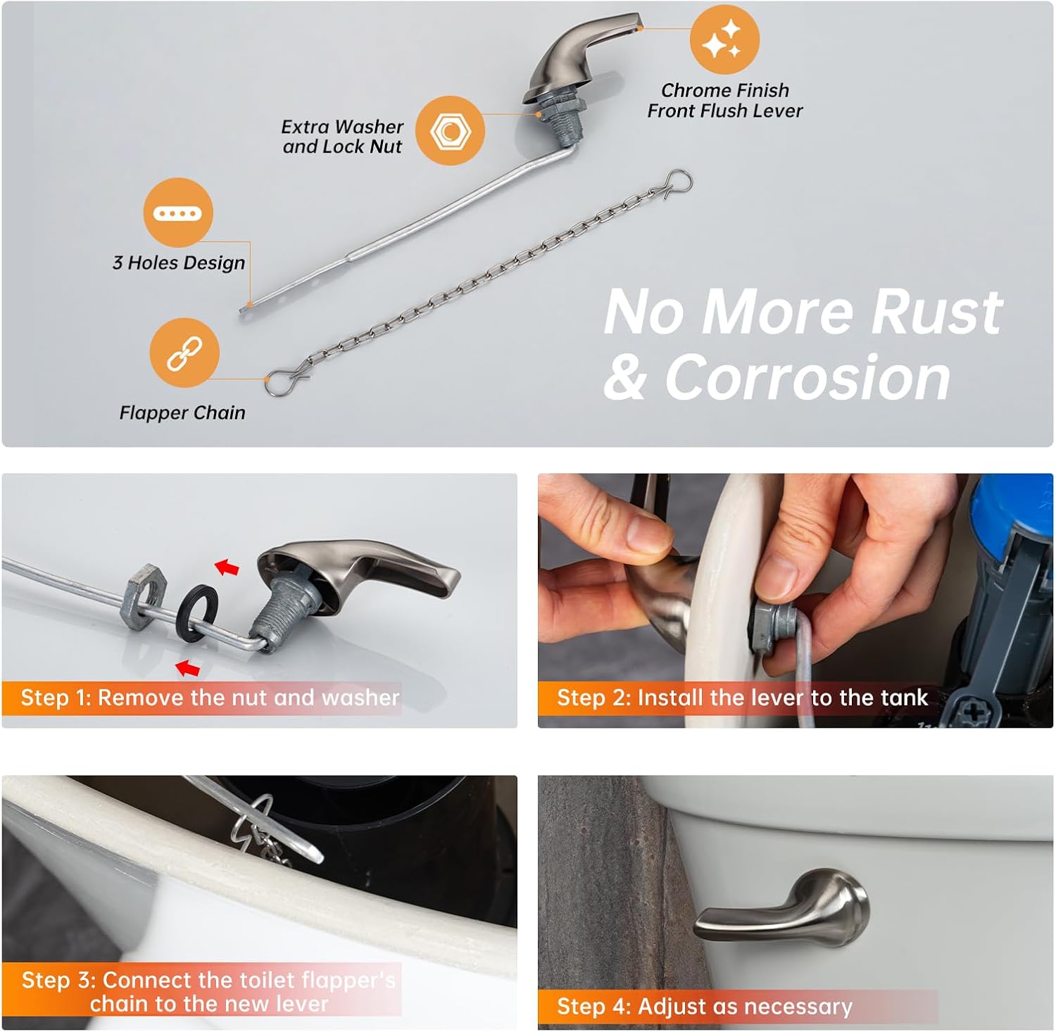 Joyrain Universal Front-Mount Toilet Replacement Kit, Toilet Flush Tank Rod with Stainless Steel Flapper Chain, Compatible with Most Front-Mount Toilets (Zinc Alloy(Brushed Nickel), 4-Pack)