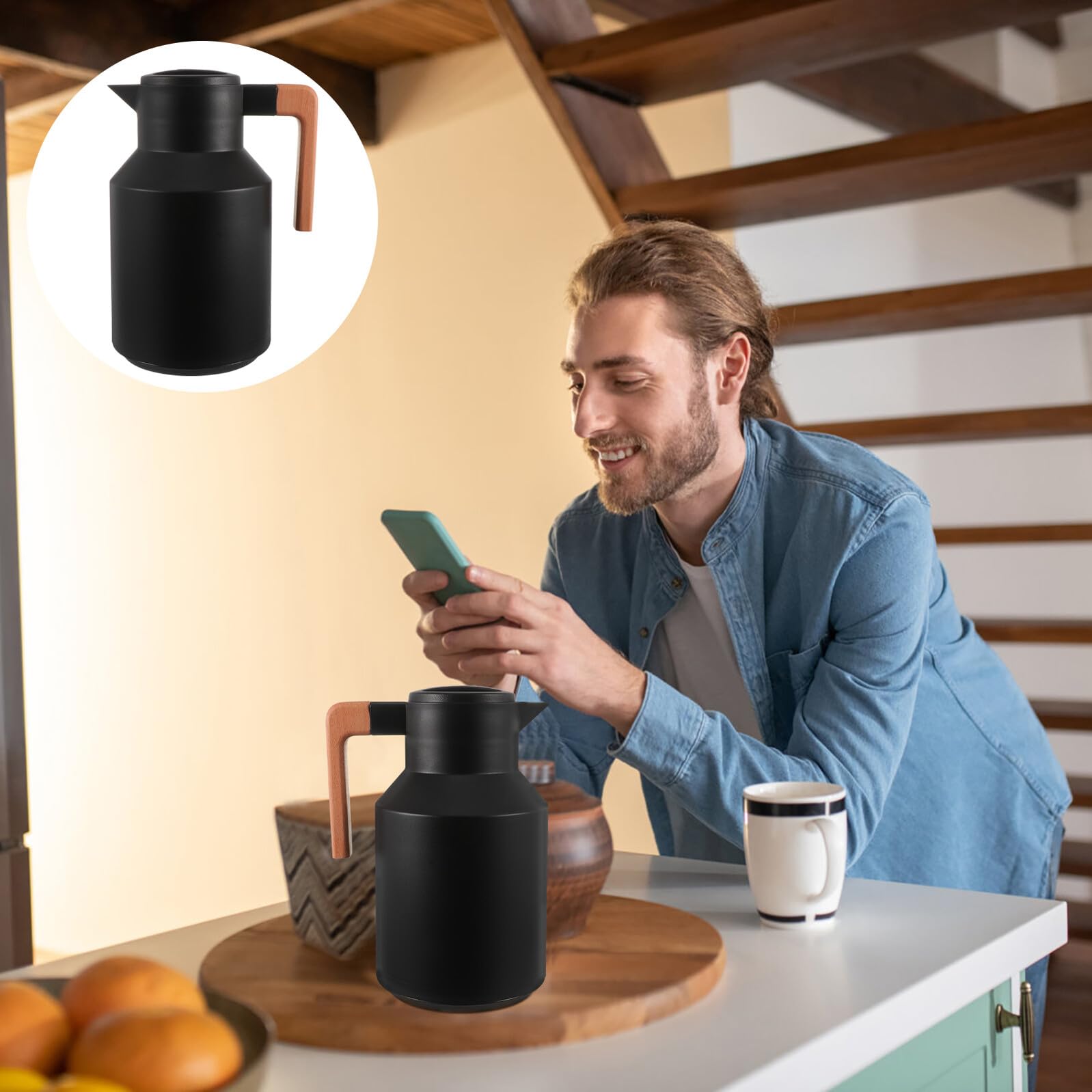 Kettle Térmico Aislamiento Botella de Agua Doméstica para Oficina Camping y Picnic Diseño Sencillo Negro Apto para Líquidos Calientes y Fríos