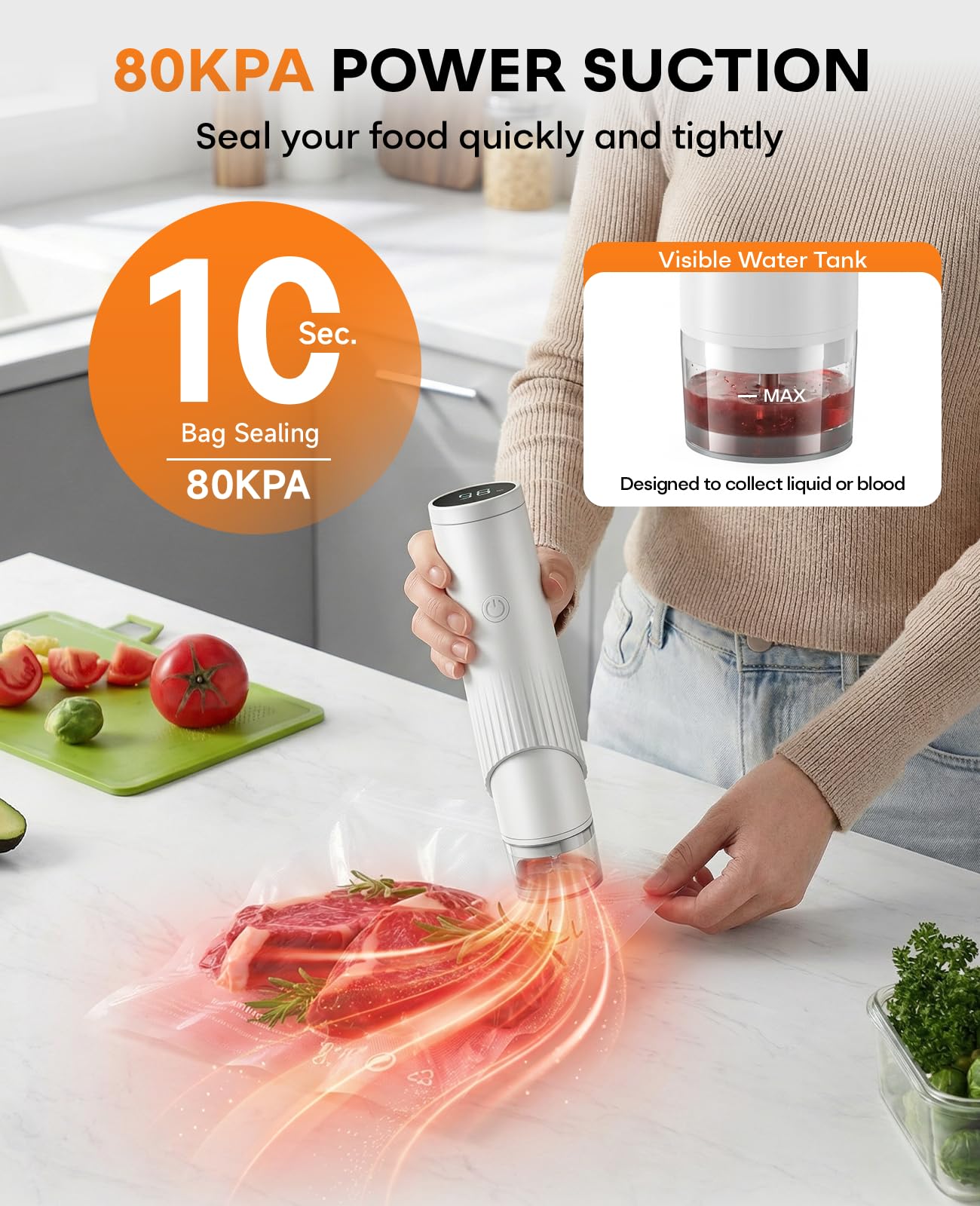 1800mAh Compact Vacuum Sealer for Food (Vacuum Sealer Machine + 30 Reusable Bags), 80kPa Powerful Handheld Food Sealer With LCD-Display, Visible Water Tank Portable Seal Meal Saver (White) — view 4
