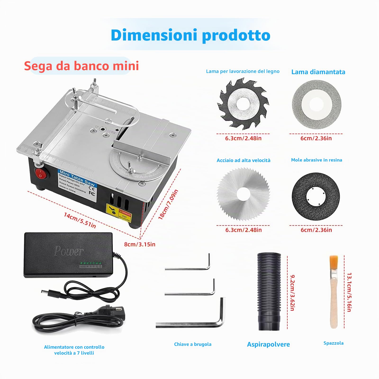 Mini sega circolare da tavolo, alimentatore di rete a 7 velocità, precisione regolabile, con 4 lame, 96 W, sega circolare da tavolo, lama da 0,1 – 15 mm, regolabile in altezza e linguetta di sicurezza