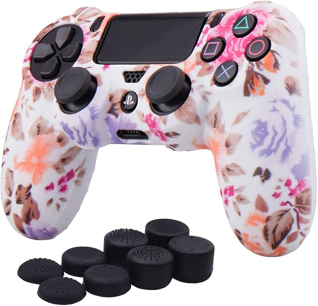 YoRHa Water Transfer Printing Camouflage Silicone Cover Skin Case for Sony PS4/slim/Pro Dualshock 4 Controller x 1(flowers) With Pro thumb grips x 8