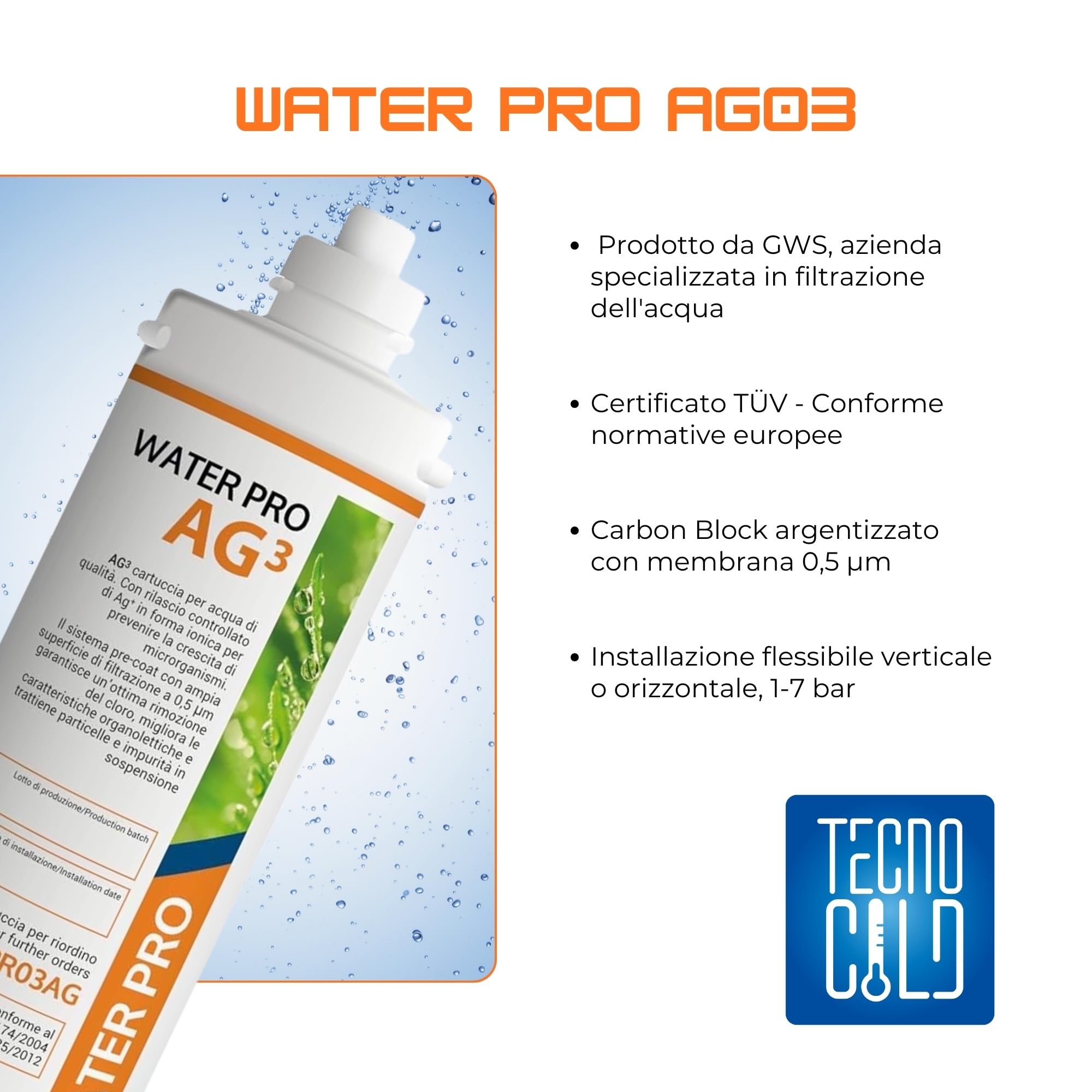 Filtro Acqua Microfiltrazione 0.5 µm Water Pro AG03 – Carbon Block con Membrana Plissettata – 5000 L – 3 L/min – Azione Batteriostatica – Riduce Cloro, Odori e Impurità