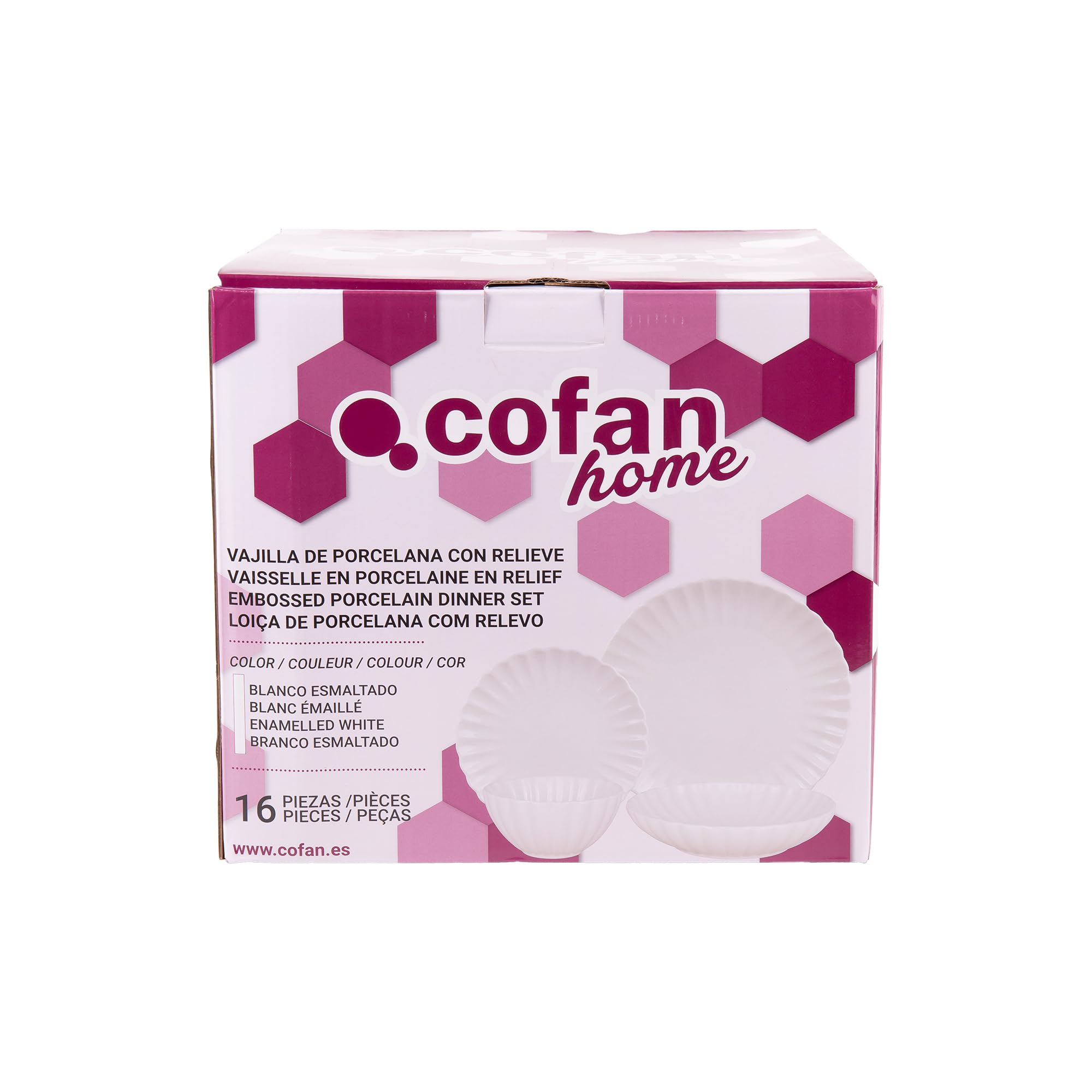 Cofan Vajilla de porcelana esmaltada | Juego de 16 piezas | Diseño en relieve | Color: blanco | Apta para lavavajillas, microondas y horno