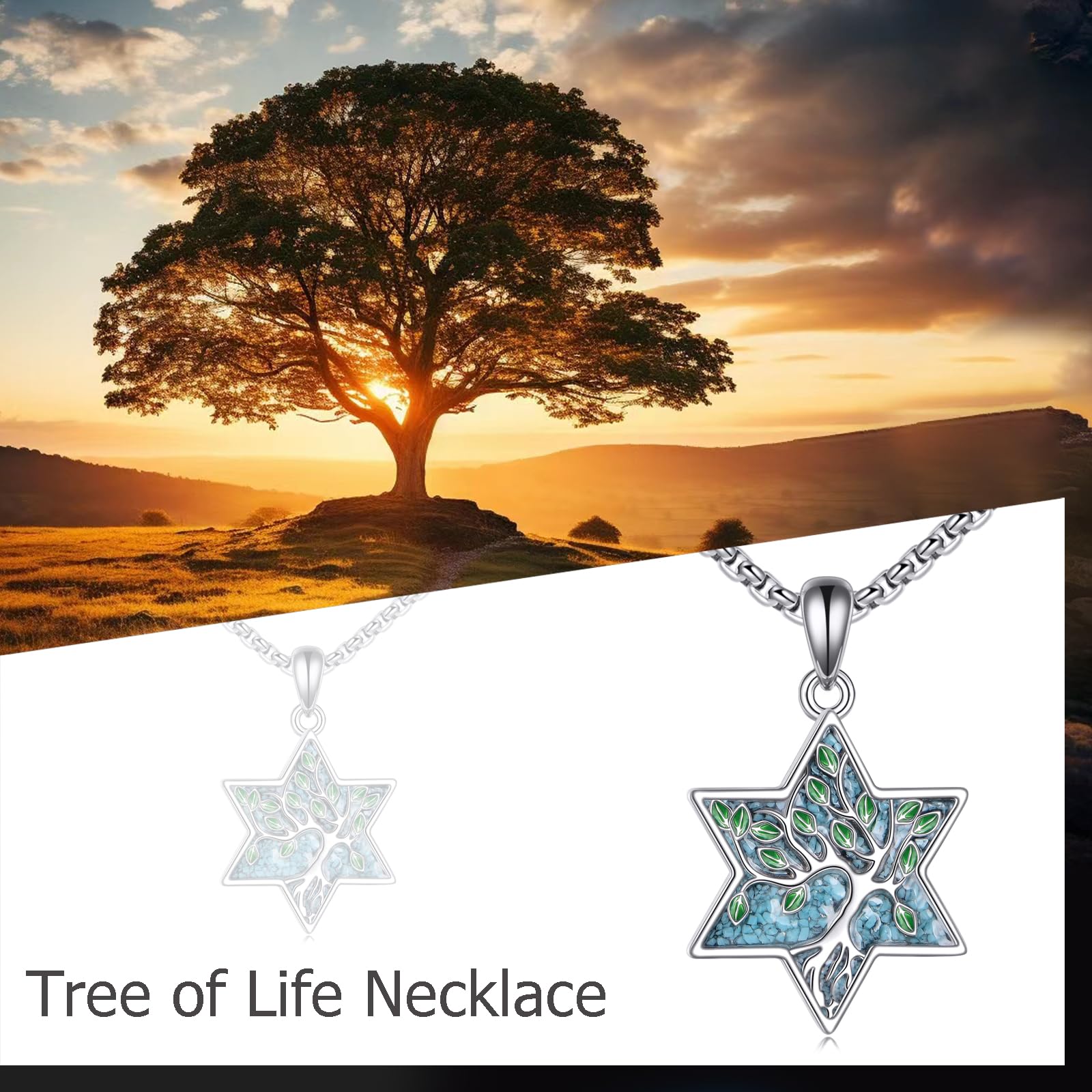 YAFEINI Collana con albero della vita, in argento Sterling 925, con ciondolo a forma di stella di David turchese, per uomo e donna