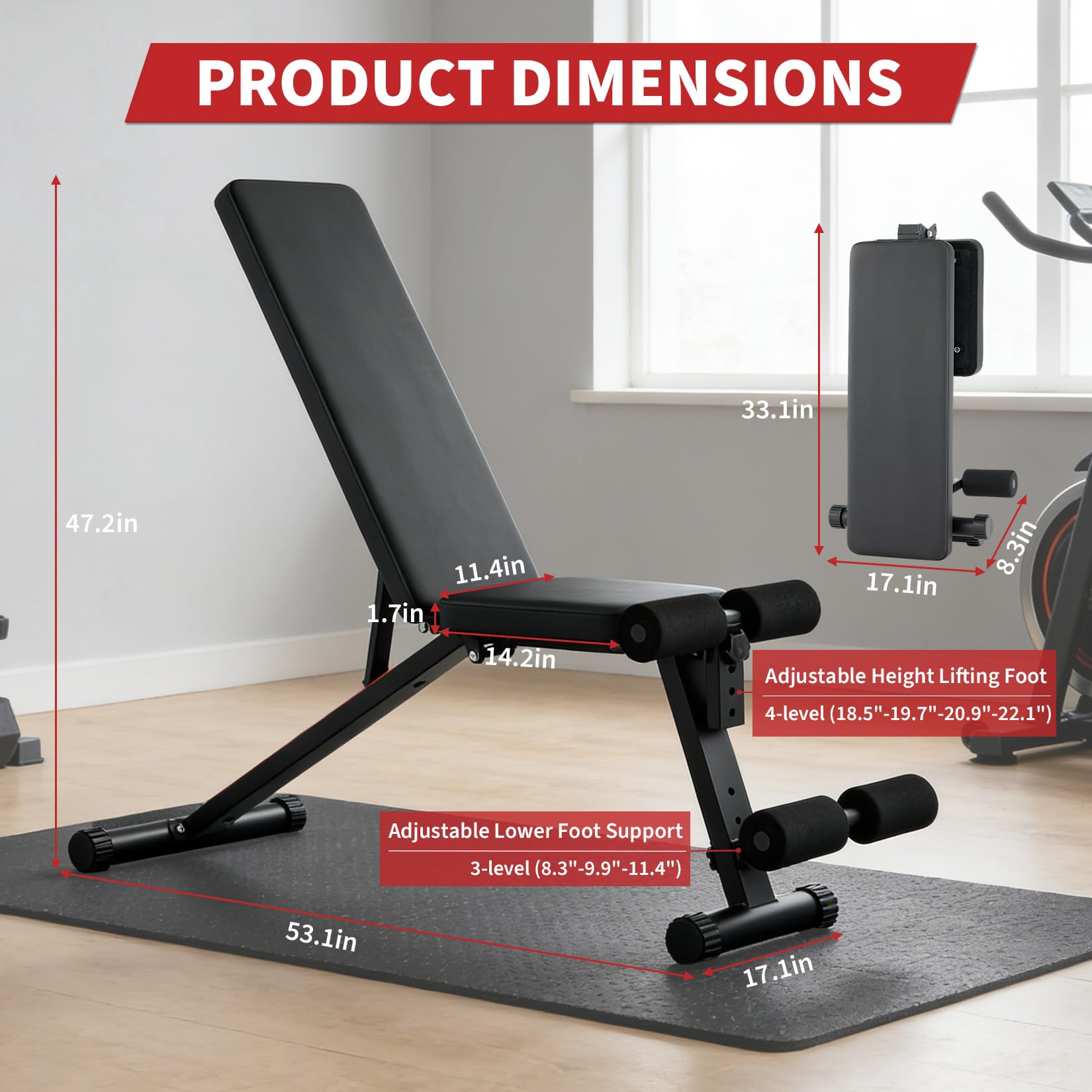 Garvee Función extensible – Banco de musculación ajustable y plegable con extensión de piernas – Posición inclinación/declinación plana – Capacidad 200 kg – Ideal para el interior completo en casa