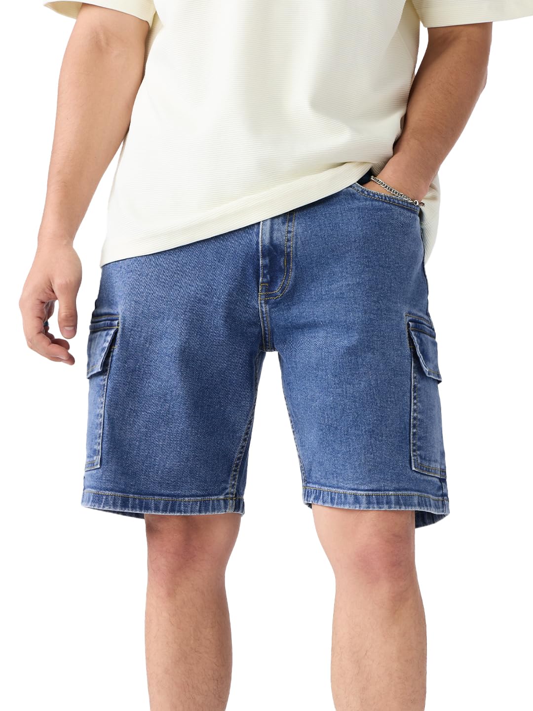 Baggy Cargo: Glacier Men and Boys Buttoned Knee Length Cotton Blend Baggy Fit Denim Shorts-image-48
