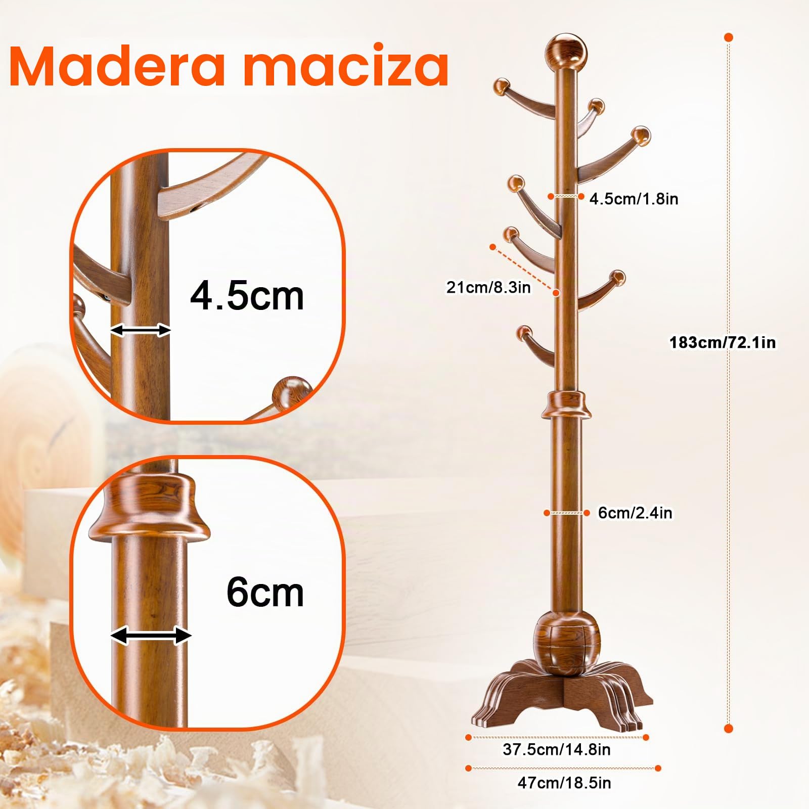 Perchero de Pie con 7 Ganchos, Perchero en Forma de Árbol con Chasis, Percheros de Pie con Esquina Inferior Ajustable, para Entrada, Pasillo, Dormitorio, Recibidor, Marrón