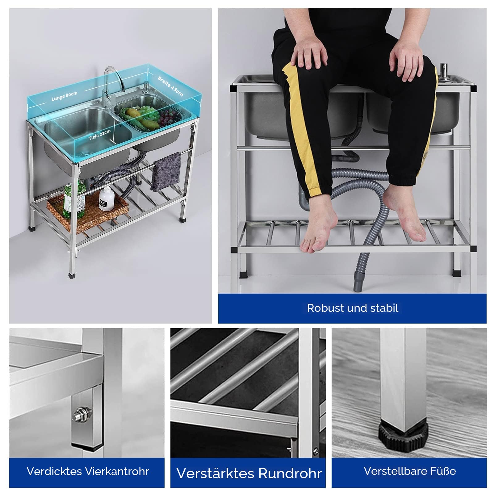 Edelstahlspüle mit unabhängigen Stahlbeinen, Mehrzweckspüle mit Arbeitstisch und Kalt-Warm-Mischbatterie für Innen- und Außenbereich, 80 cm