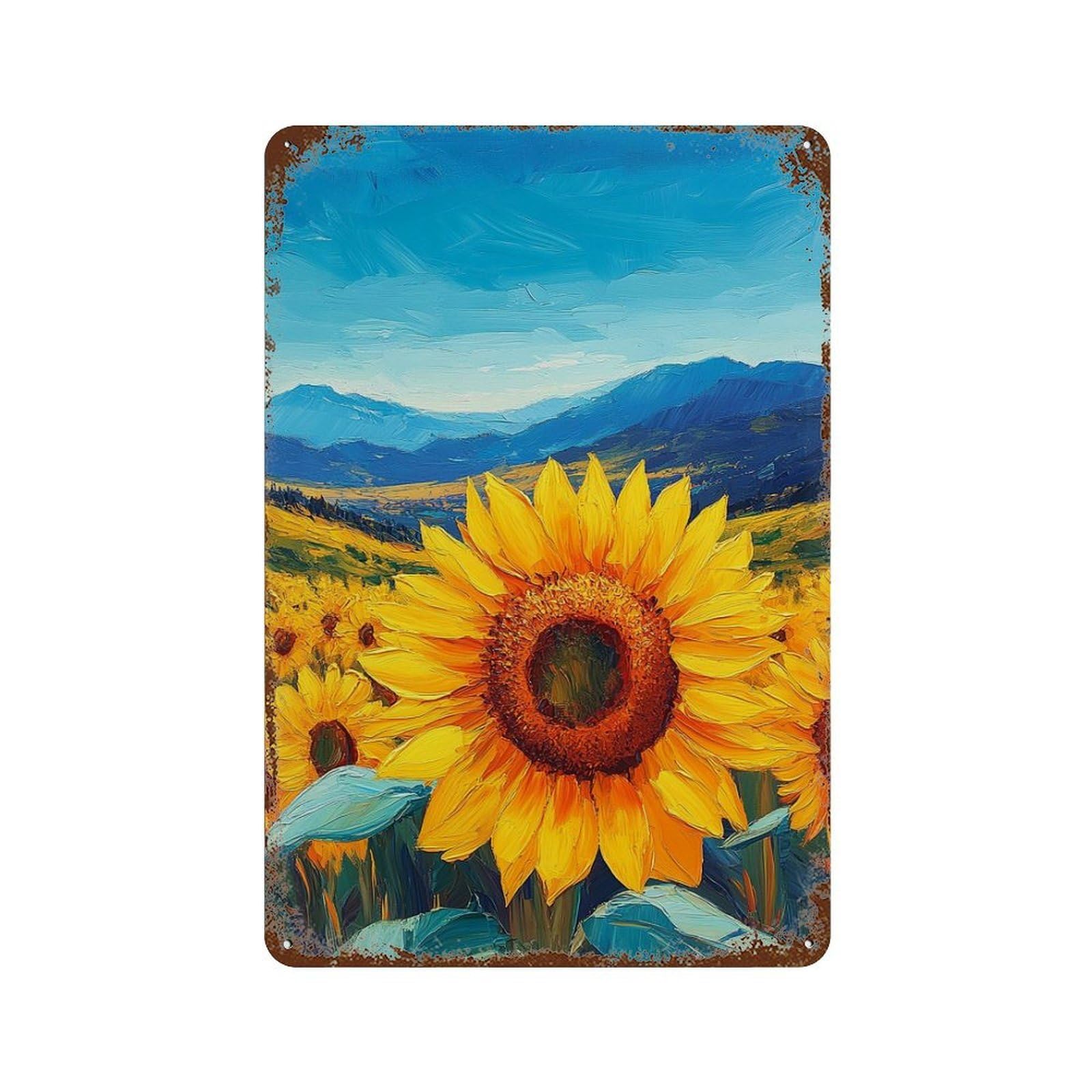 Sunflower Field Landscape-1 Weathered Tin Sign 11.8"x7.9", Industrial Home Decor for Basement, Hobby Room And Garage Decor