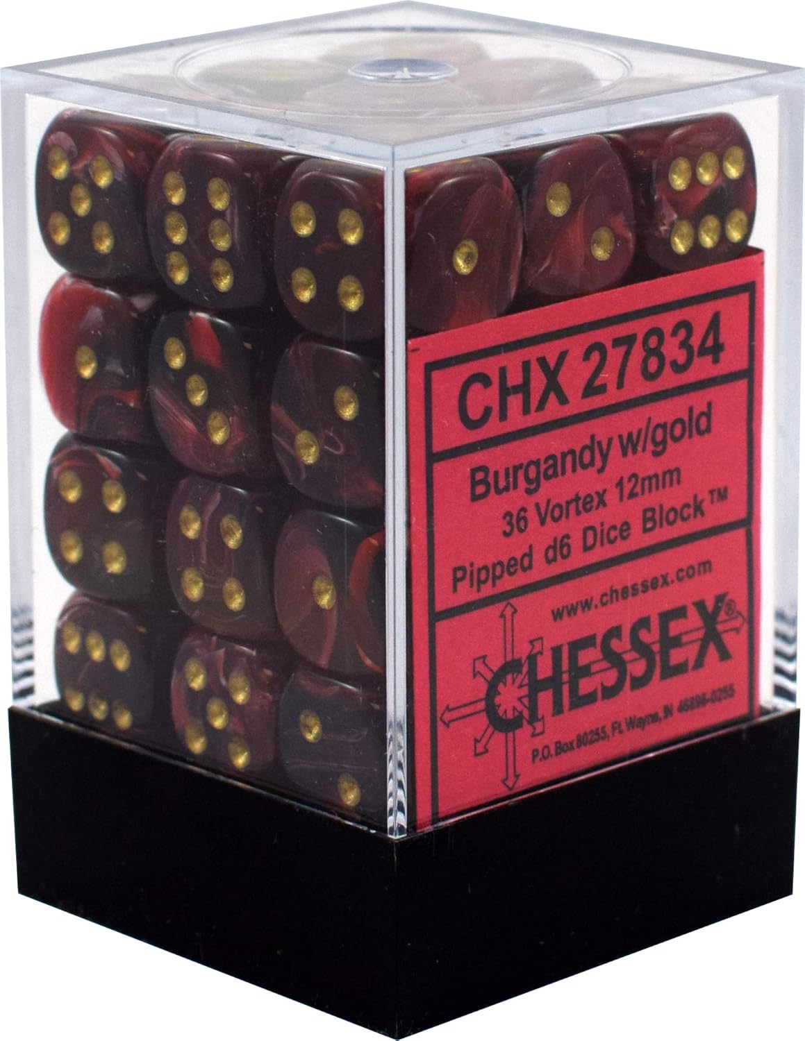 Chessex Dice d6 Sets: Vortex Burgundy with Gold - 12mm Six Sided Die (36) Block of Dice - 27834