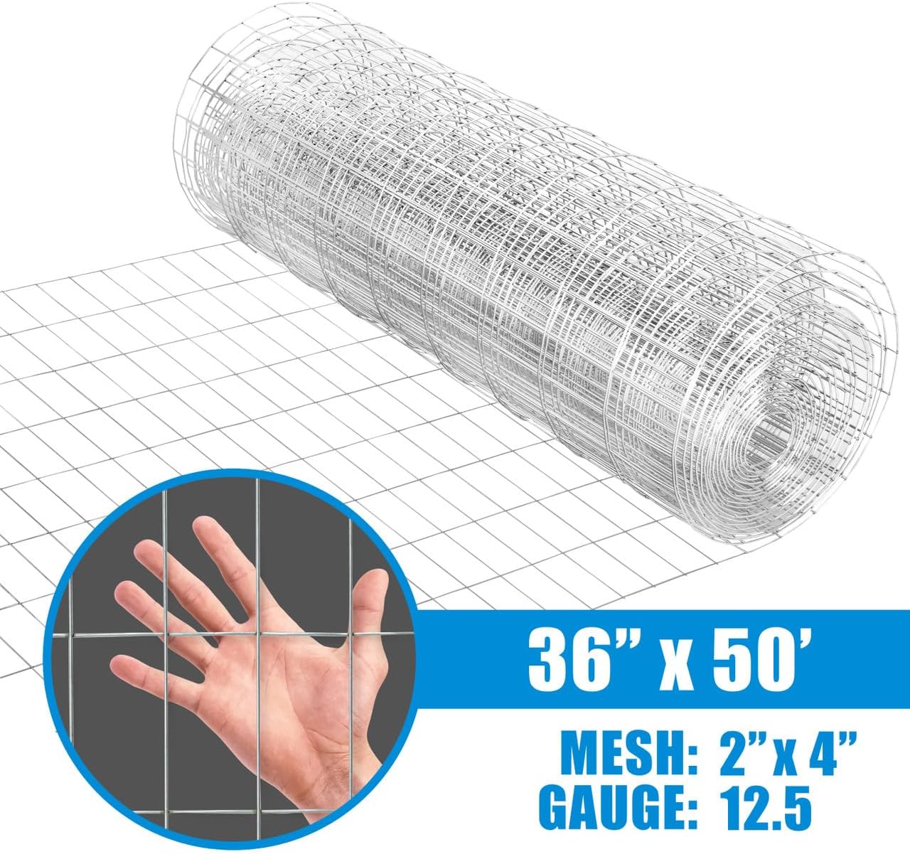 Fencer Wire Welded Wire Fence 12.5 Gauge, Galvanized Welded Fence Wire Roll, Mesh Size 2-Inch x 4-Inch, Hog Wire Fencing Cage, Multiple Use for Home Improvement & Animals Enclosure (3ft. x 50ft.)