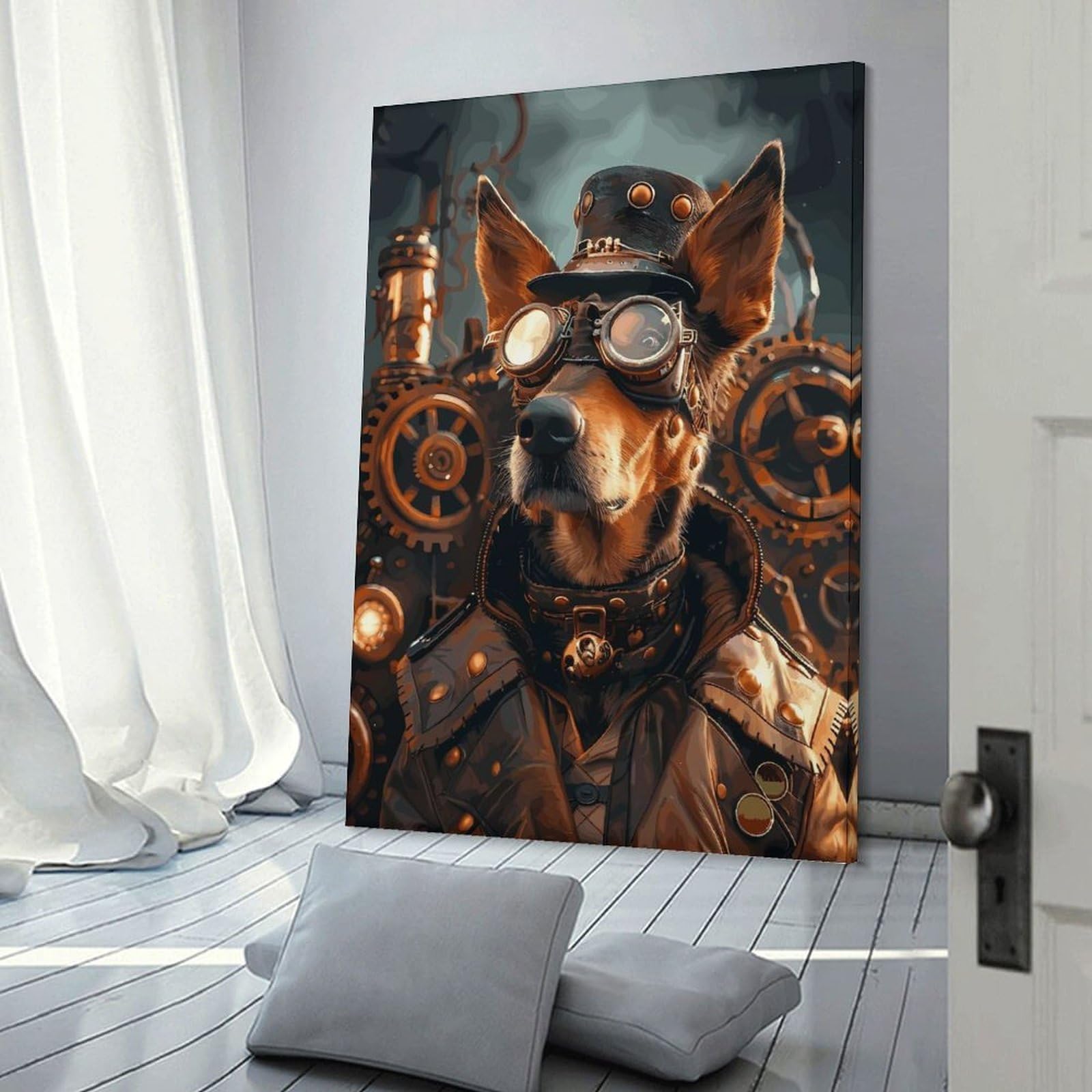 Junmoney Frame-Style-18 Steampunk Dog Doberman Canvas Wall Picture, 24X36inch(60X90cm), For Sofa Walls, Lounge Or Home Corners, Modern Wall Decor For Cosy Interiors