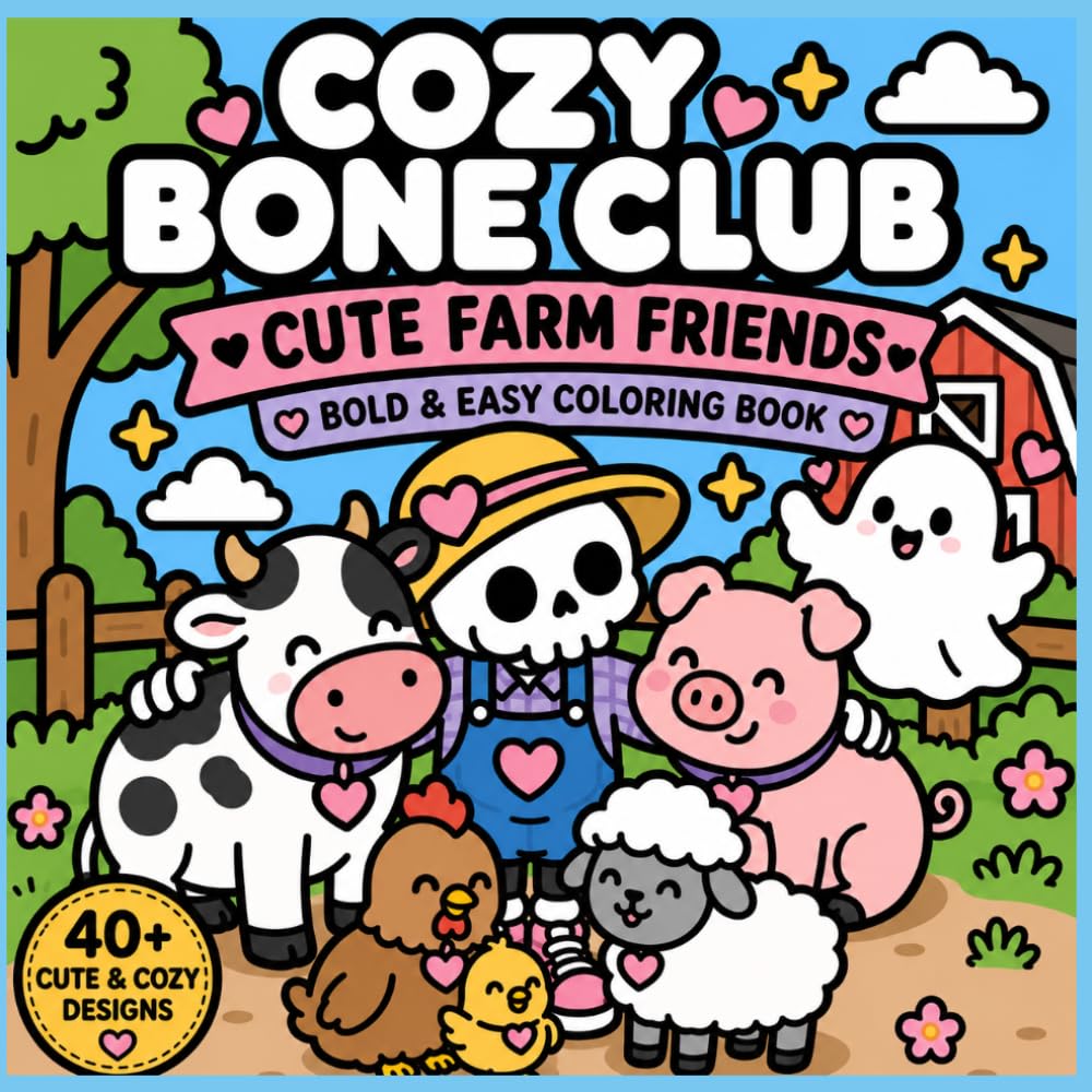 Cozy Bone Club: Cute Farm Friends – Bold & Easy Coloring Book for Kids & Adults: 40+ Easy-to-Color Farm Scenes with Cute Skeletons & Friendly Ghosts