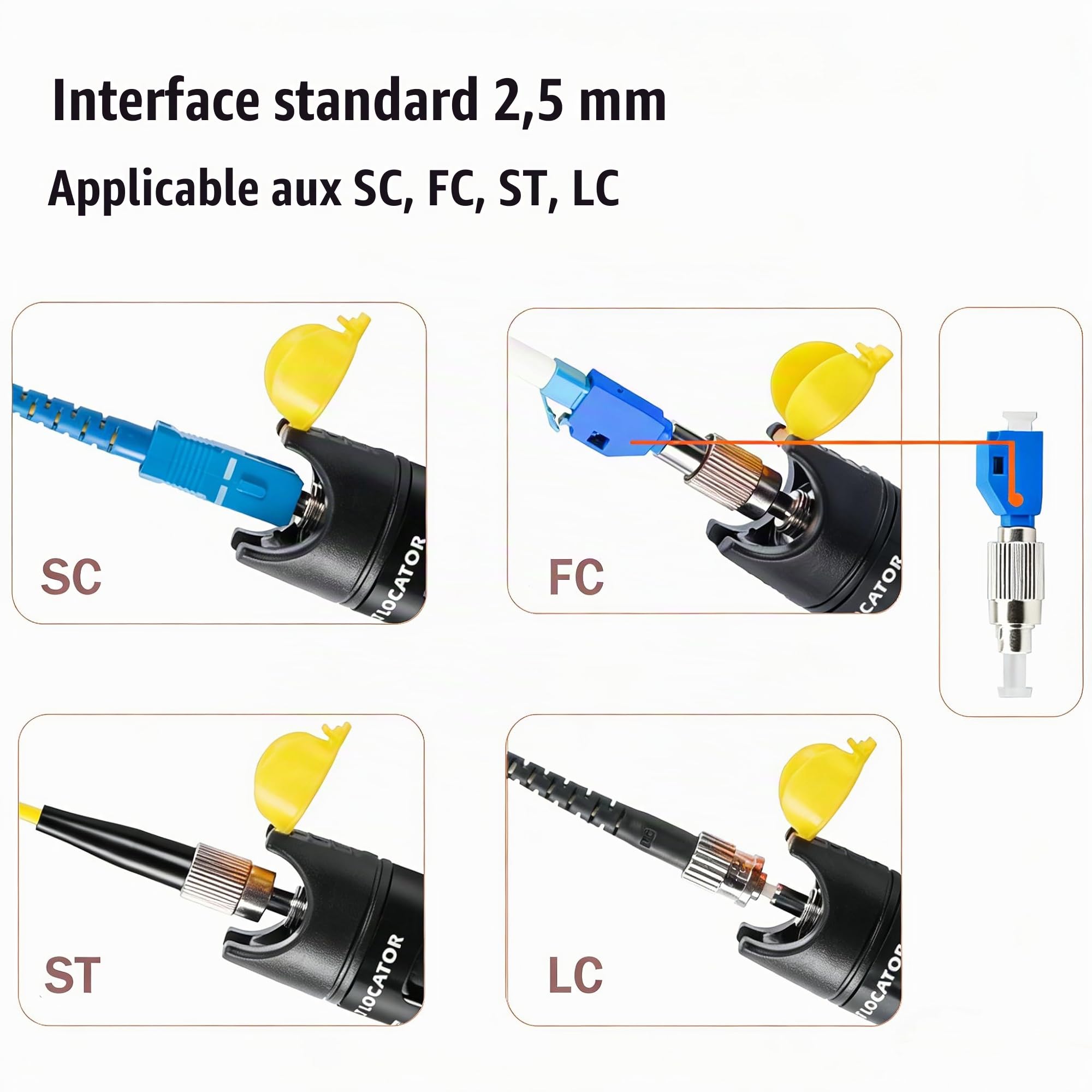 Localisateur visuel de Défauts 100mW pour Fibre Optique, Testeur de Câble avec FC-LC et SC-LC Adaptateur, Kit de Testeur Fibre Optique