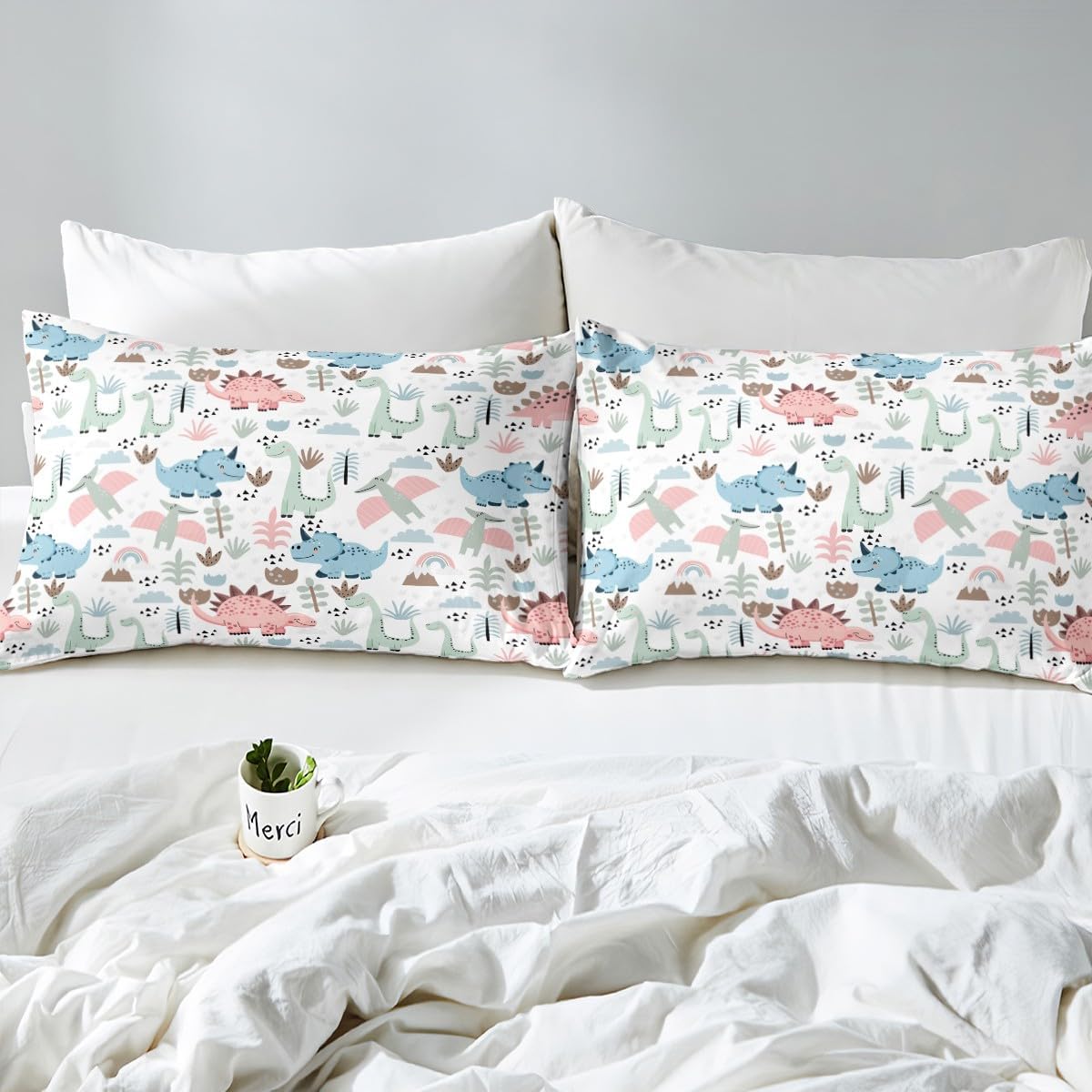 Manfei Cute Dinosaurs Kids Fitted Sheet Queen Size,Cartoon Coconut Trees Plants Toddler Bedding Set,Lovely Animals Bed Cover,Colorful Sheet,2 Pillowcases,Queen (60*80*16'') (ZZRS892GYY-CL_USq)