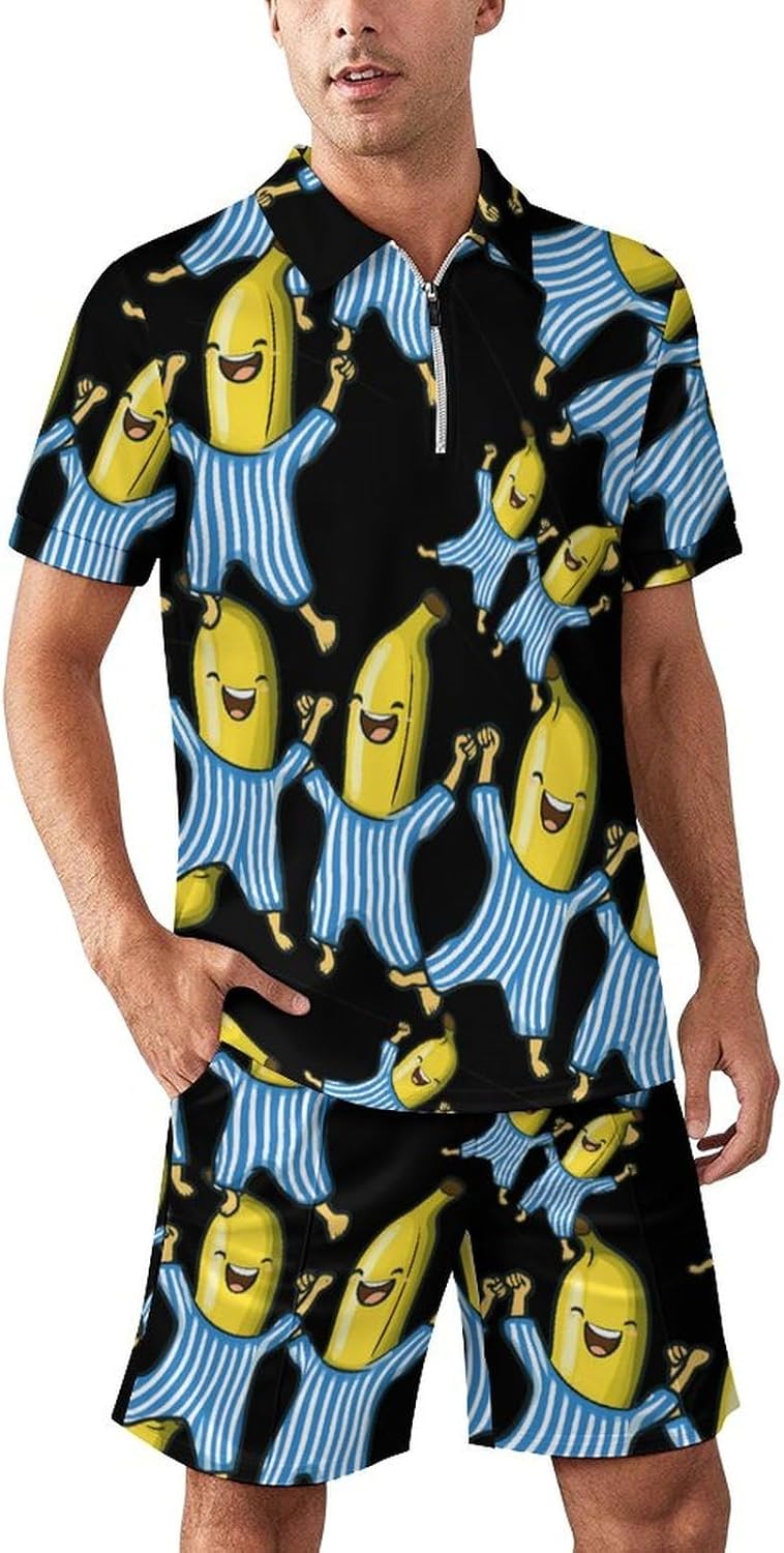 Funny Bananas in Pajamas Mens Polo Shirts Track Suits 2 Piece Short Sleeve Sweatsuit 1/4 Zip Golf Loungewear for Sports