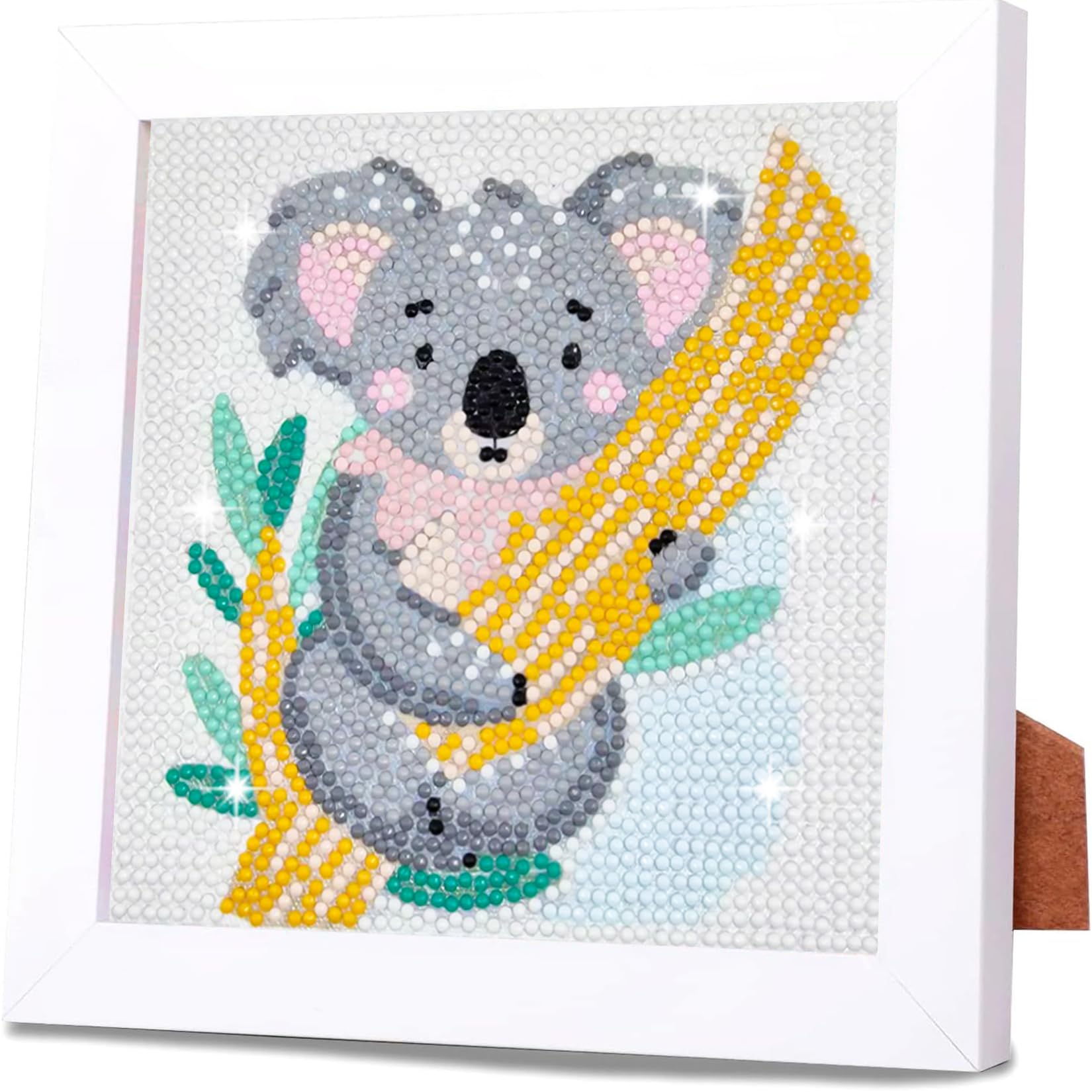 QIUQI Pintura de diamantes para niños con marco de madera, cuadros de pintura de diamantes Koala 5D con marco, arte de cristal, juego de manualidades para niños y niñas, decoración de la habitación