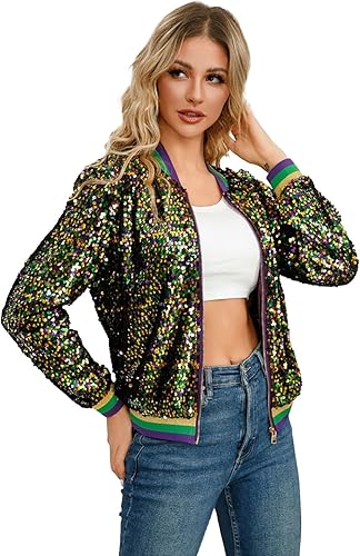 CGGMVCG Chaquetas de Mardi Gras con lentejuelas para mujer, con cremallera frontal abierta, manga larga, para fiesta, brillante con purpurina