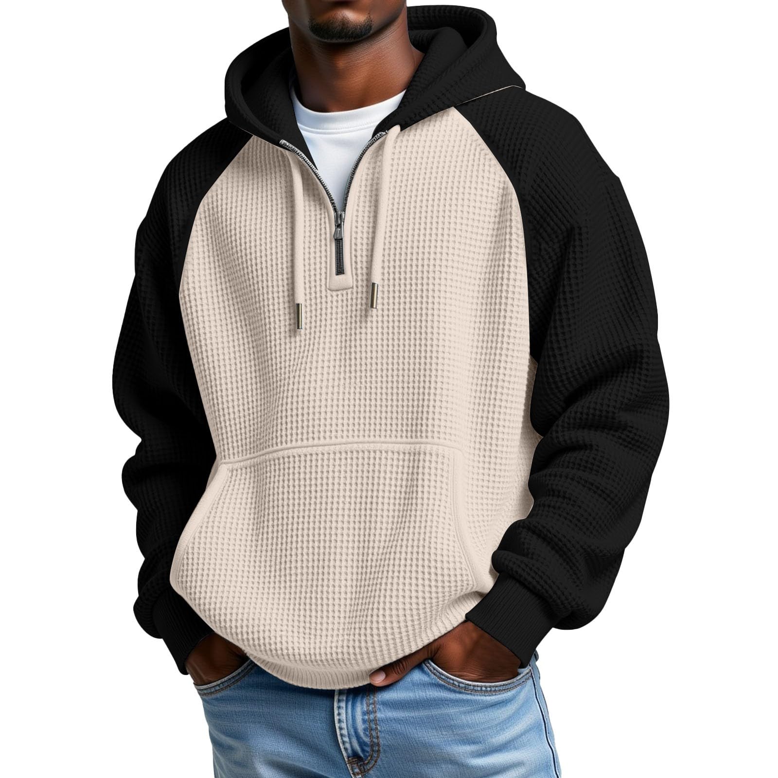 Mens Hoodies Pullover Quarter Zip Casaul Long Sleeve Drawstring Waffle Knit Hooded Sweatshirt with Pocket