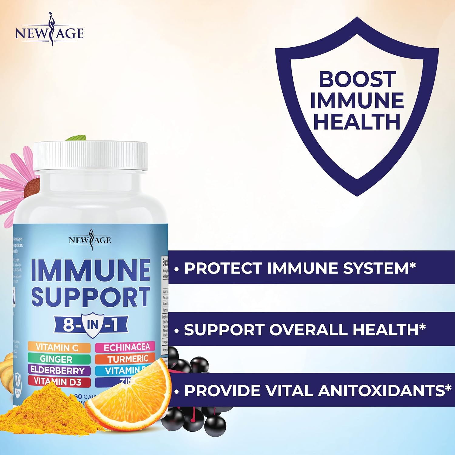 8 in 1 Immune Support Booster Supplement with Elderberry, Vitamin C and Zinc 50mg, Vitamin D 5000 IU, Turmeric Curcumin & Ginger, B6, Echinacea (8 in 1 Capsules (Pack of 3))