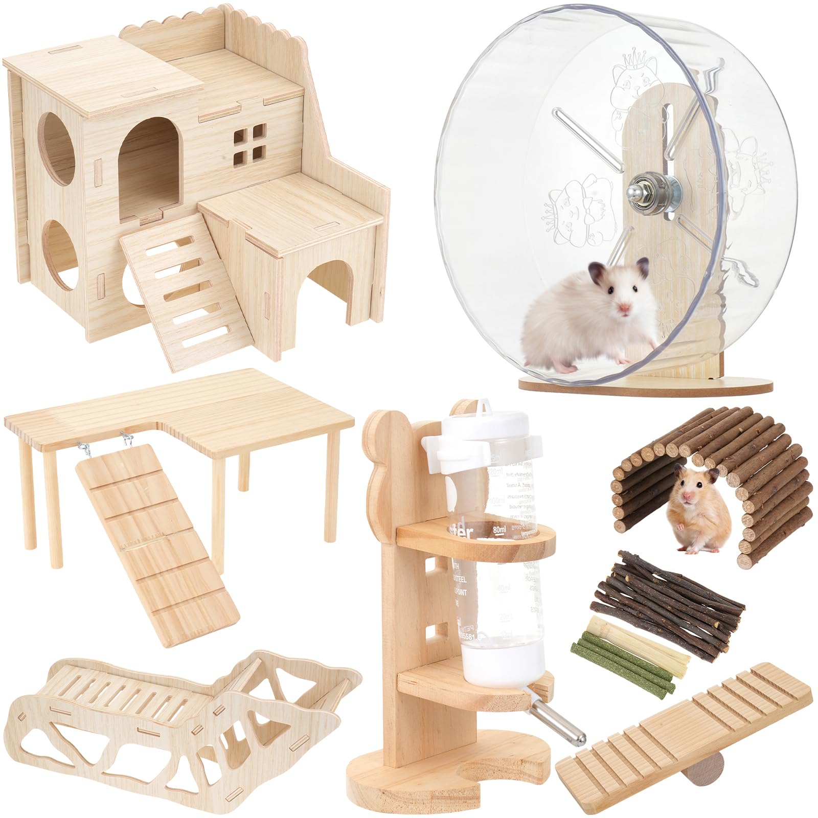 Hamsterspielzeug Komplettset - Geräuschloses lautloses Laufrad, Labyrinth-Holzhaus, Ständer, Kauspielzeug & Wasserflaschenkäfig-Zubehör für Hamster, Ratten, Mäuse, Kleintier-Lebensraum