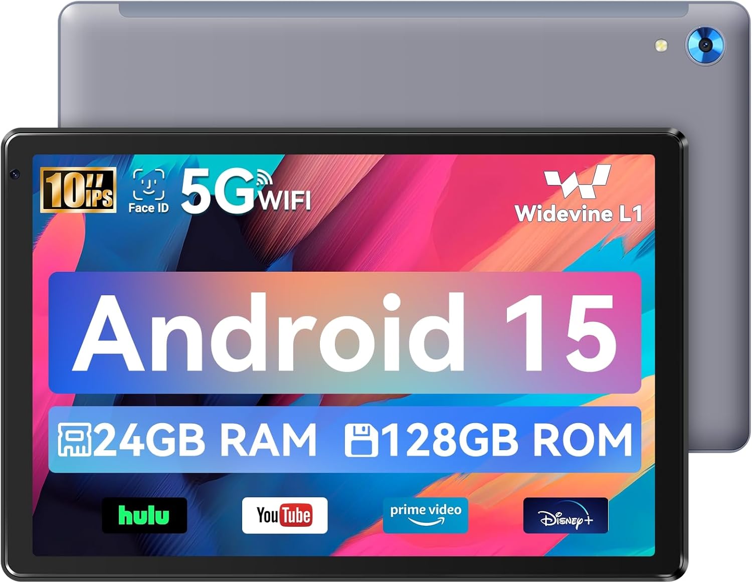 Tablet 10 inch, Android 15 Tablet with Octa-Core, 24GB+128GB+1TB Expansion, Face ID, 5MP+8MP, Support Split-Screen, 1280×800 IPS, 5000mAh, 5G/2.4G WiFi 6, BT 5.3, Widevine L1 (Gray)