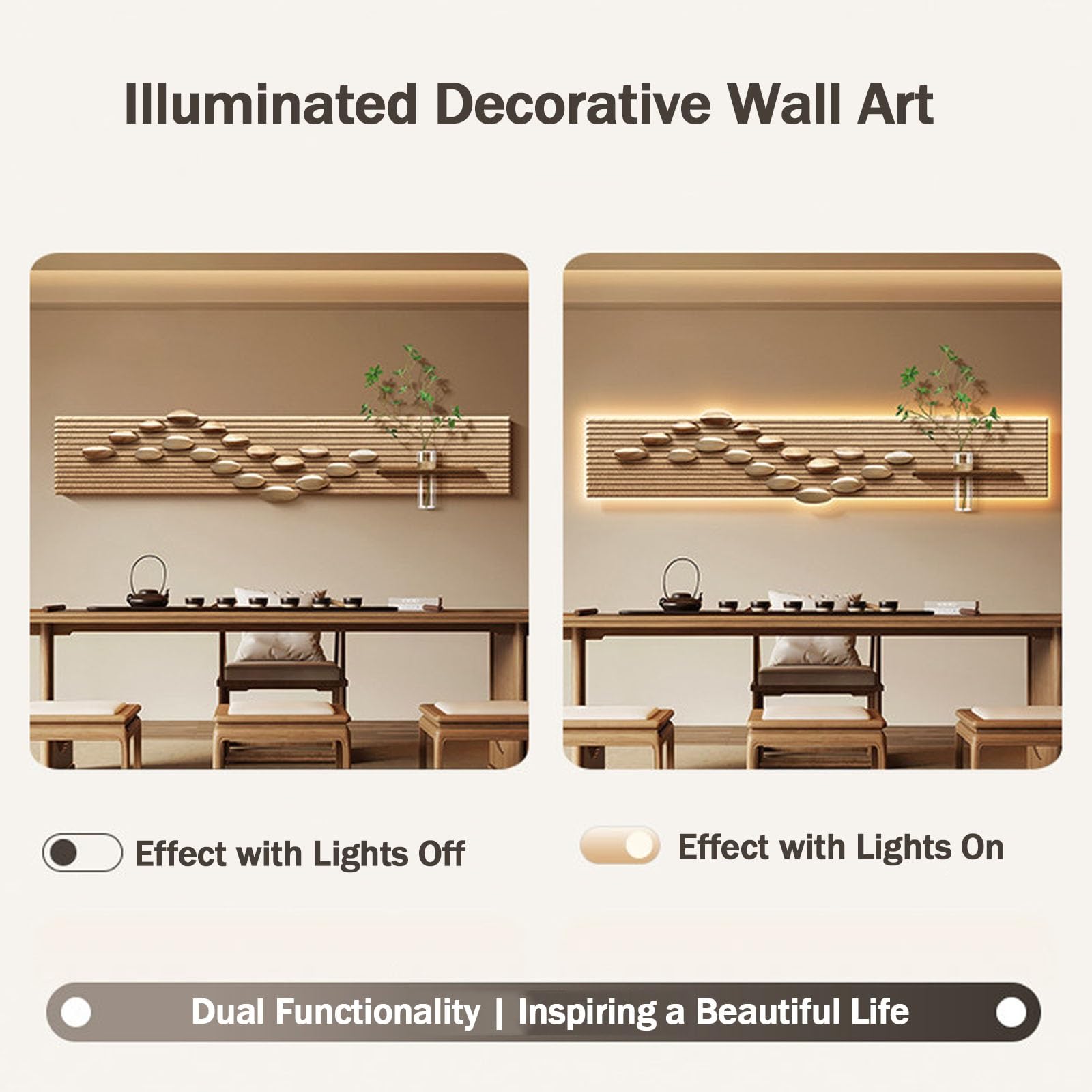 Sandstein-3D-Wandbild mit LED-Beleuchtung, großes dekoratives Gemälde für das Wohnzimmer, Wandskulptur mit Vasen und künstlichem Grün, Wandbild für Eingangsbereich/Flur (Stil 3, 180 x 36 cm